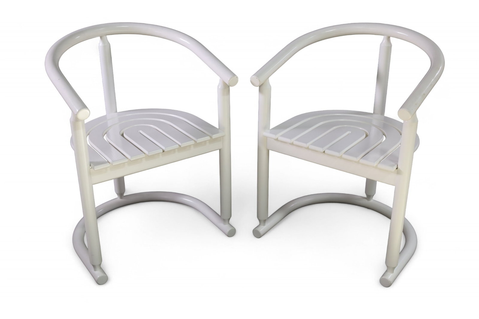 PAIR OF ALLMILMO CHAIRS: PAIR OF BENT WOOD ALLMILMO WHITE CHAIRS, 21" W x 17" D x 29" H. THIS ITEM EXCEEDS SIZE LIMITATIONS FOR IN HOUSE SHIPPING, MUST BE PICKED UP IN HOUSE OR SHIPPED VIA 3rd PARTY GROUND SHIPPER.