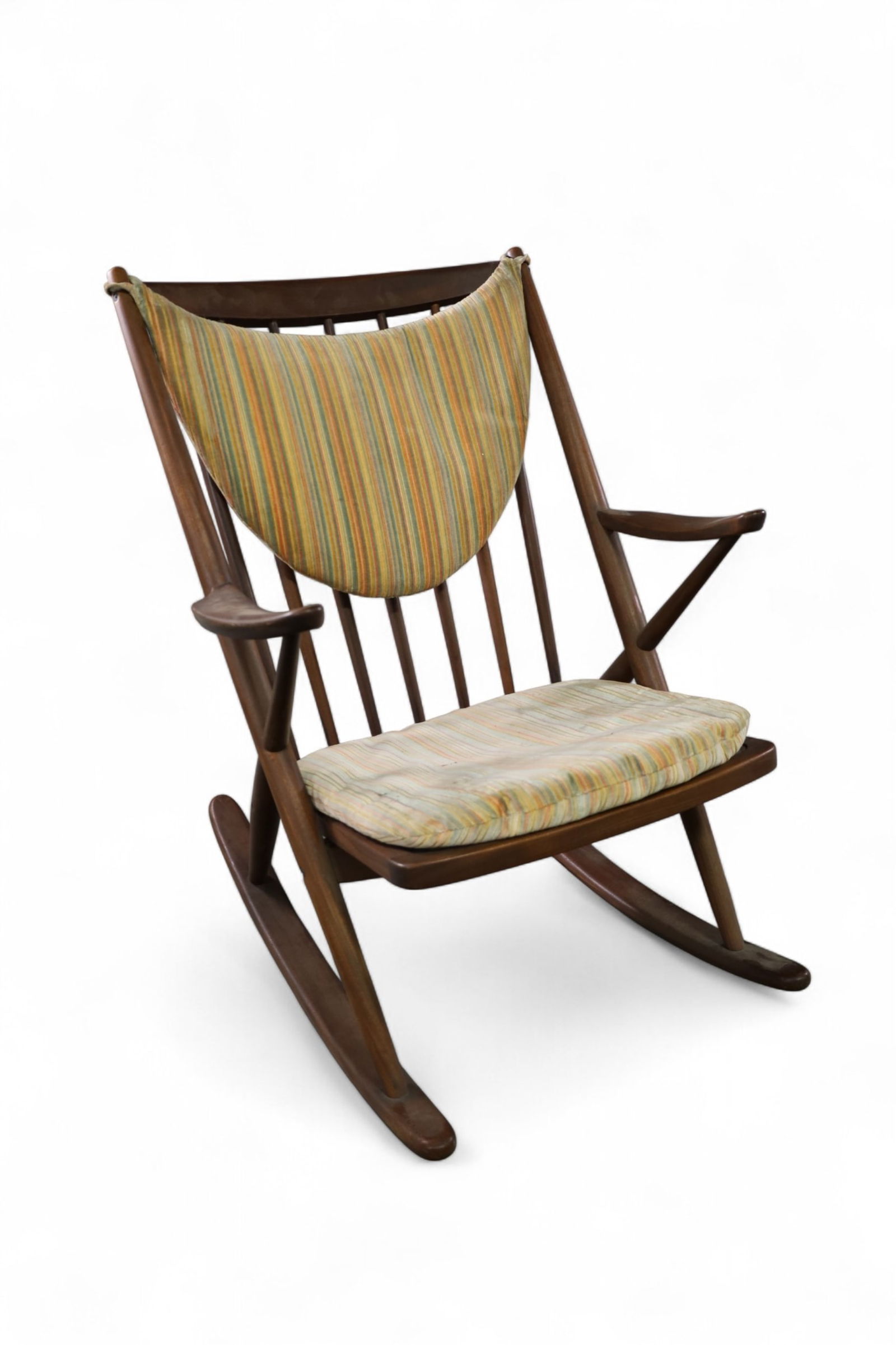 FRANK REENSKAUG ROCKING CHAIR: MID CENTURY MODERN DANISH ROCKING CHAIR, BY FRANK REENSKAUG, MODEL 182 ROCKER. DAMAGE TO JOINT AT TOP LEFT, 27" W x 31" D x 35" H. . THIS ITEM EXCEEDS SIZE LIMITATIONS FOR IN HOUSE SHIPPING, MUST BE P