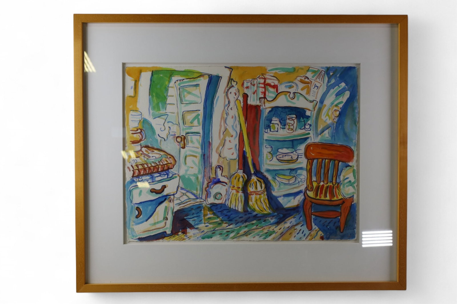 MARY PORTER WATERCOLOR: LARGE FRAMED WATERCOLOR UNDER PLEXI, SIGNED LOWER RIGHT, TITLED TWO BROOMS THAT KNEW WHAT TO DO. 22" x 17" IMAGE SIZE. / 32" x 27" IN FRAME