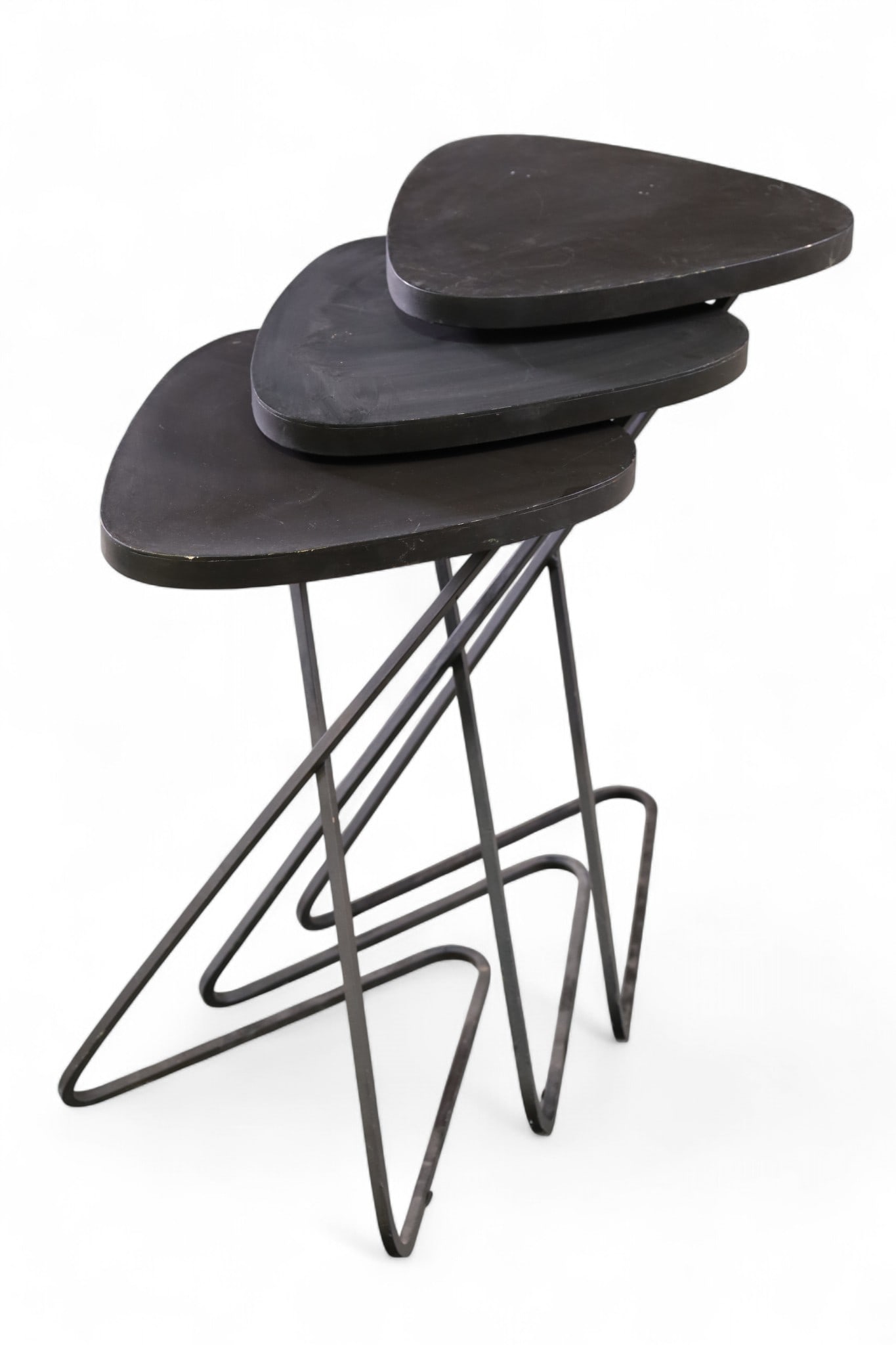 UNUSUAL METAL NESTING TABLES: METAL BASE NESTING TABLES. 13 1/2" W x 23" H. THIS ITEM EXCEEDS SIZE LIMITATIONS FOR IN HOUSE SHIPPING, MUST BE PICKED UP IN HOUSE OR SHIPPED VIA 3rd PARTY GROUND SHIPPER.