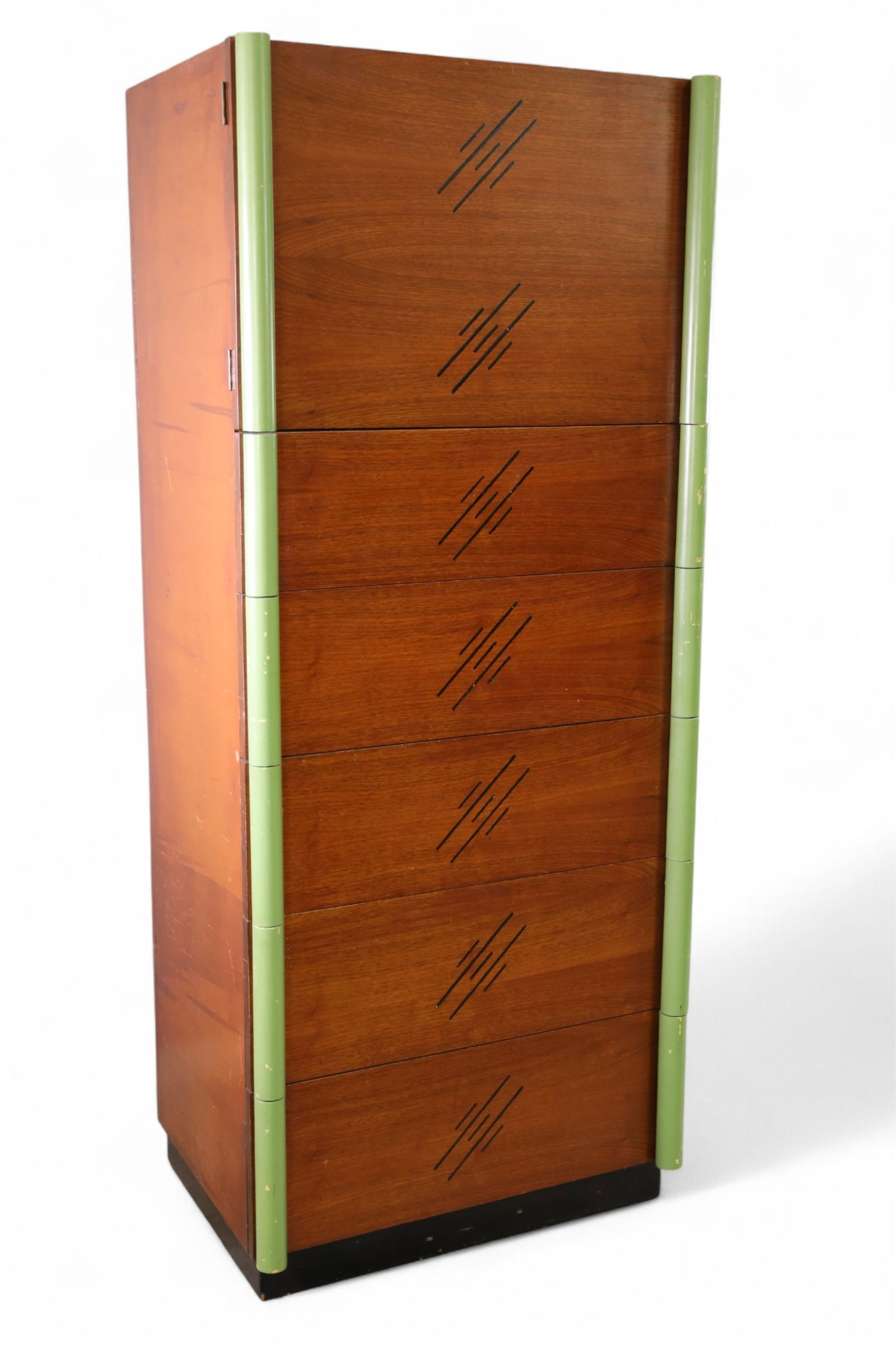 MCM WALNUT CHIFFENETTE: LARGE 5 DRAWER CHIFFENTTE & UPPER DOOR, WEAR TO FINISH, SCRATCHES. 28" W x 21" D x 68 1/2" H. THIS ITEM EXCEEDS SIZE LIMITATIONS FOR IN HOUSE SHIPPING, MUST BE PICKED UP IN HOUSE OR SHIPPED VIA 3rd PA