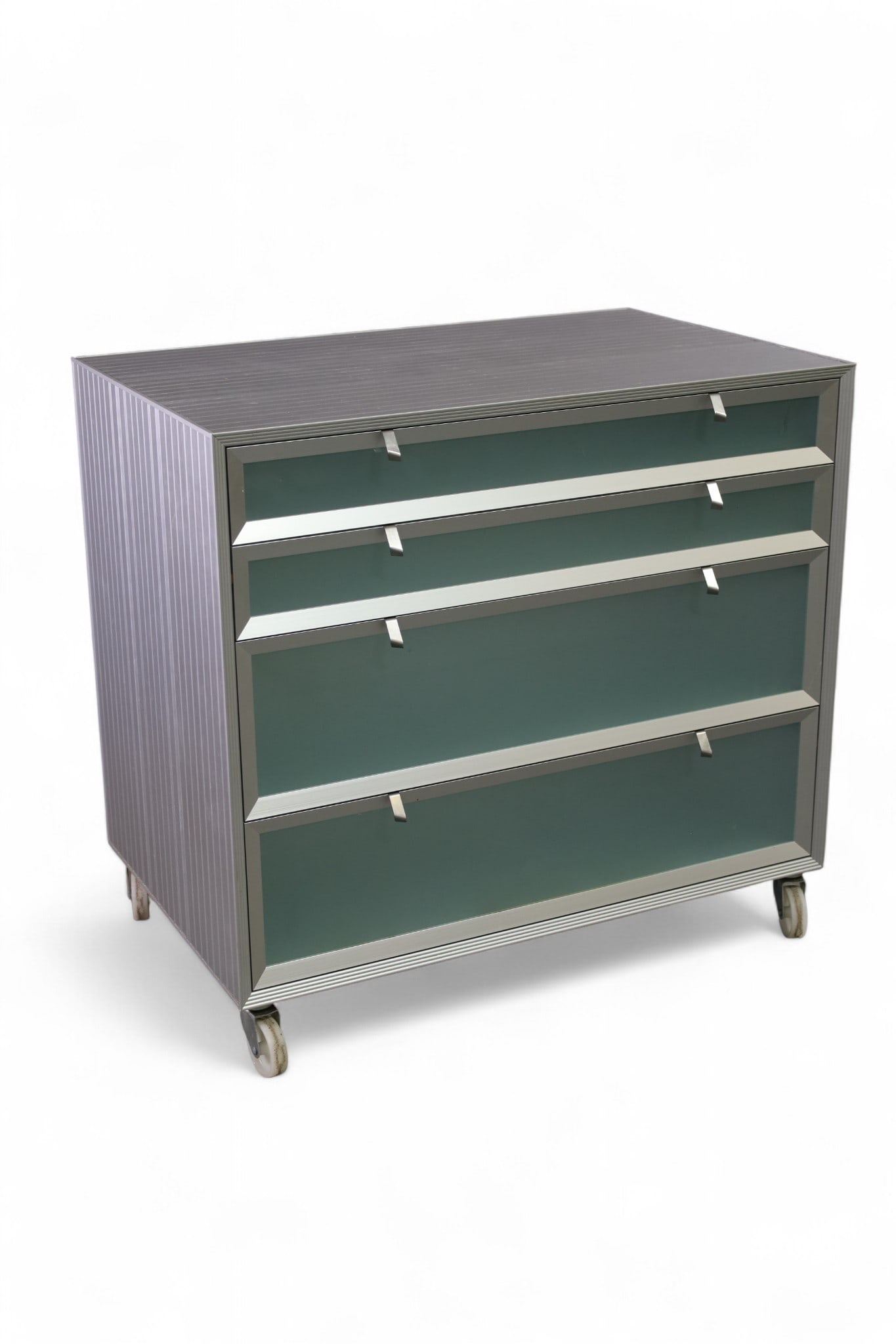 PANDORA CHEST: ROLLING FOUR DRAWER METAL AND GLASS CHEST, ON CASTERS. BY ANTONIA ASTORI, FOR DRIADE, 34" W x 22" D x 32" H. THIS ITEM EXCEEDS SIZE LIMITATIONS FOR IN HOUSE SHIPPING, MUST BE PICKED UP IN HOUSE OR SHI