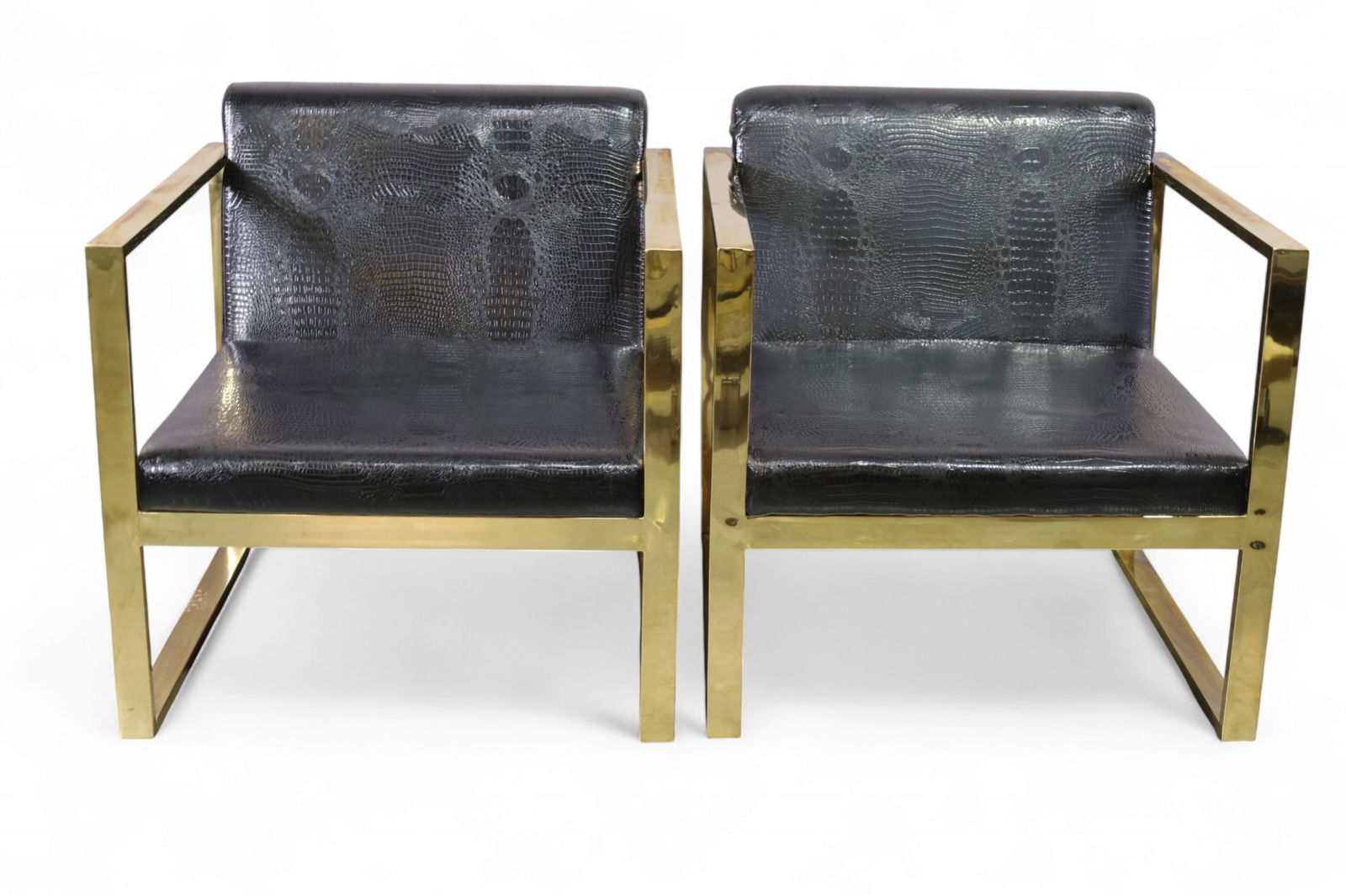 PAIR OF LOUNGE CHAIRS: PAIR OF MID CENTURY MODERN LOUNGE CHAIRS, MILO BAUGHMAN STLYE, FAUX ALIGATOR UPHOLSTERY. 31" W x 32" D x 32" H. . THIS ITEM EXCEEDS SIZE LIMITATIONS FOR IN HOUSE SHIPPING, MUST BE PICKED UP IN HOUSE O