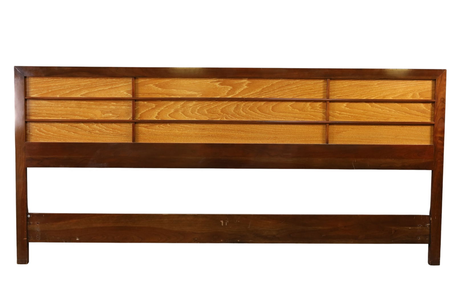 MID CENTURY MODERN HEADBOARD: KING SIZE MID CENTURY MODERN HEADBOARD, MINOR WEAR TO FINISH. 83" W x 39" H. . THIS ITEM EXCEEDS SIZE LIMITATIONS FOR IN HOUSE SHIPPING, MUST BE PICKED UP IN HOUSE OR SHIPPED VIA 3rd PARTY GROUND SHIP