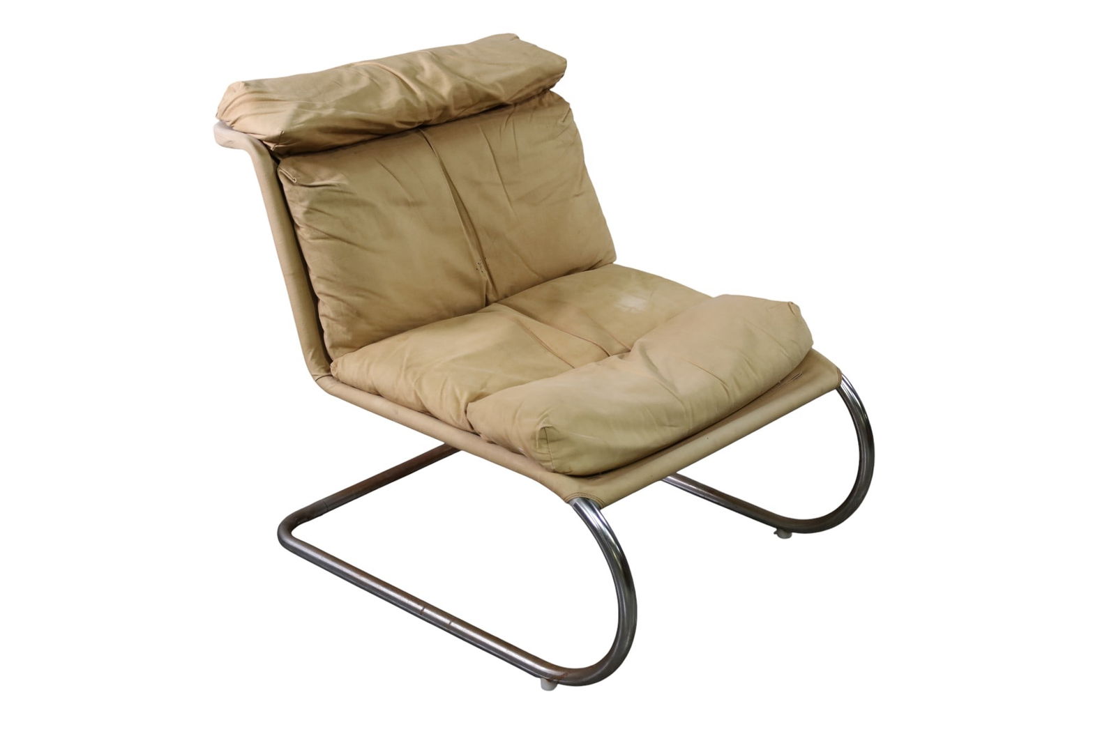 KNOLL MR LOUNGE CHAIR: VINTAGE SLING LOUNGE CHAIR, KNOLL MR LOUNGE, STAINS AND FADING TO UPHOLSTERY. 26" W x 32" D x 29" H. . THIS ITEM EXCEEDS SIZE LIMITATIONS FOR IN HOUSE SHIPPING, MUST BE PICKED UP IN HOUSE OR SHIPPED V