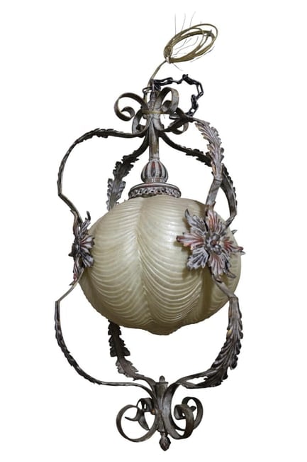 1960'S HANGING LIGHT: METAL & CAST PLASTIC SHADE. 35" TALL. THIS ITEM EXCEEDS SIZE LIMITATIONS FOR IN HOUSE SHIPPING.