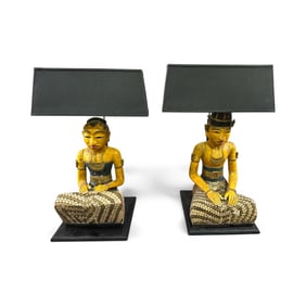 PAIR OF THAI WOODEN CARVED LAMPS