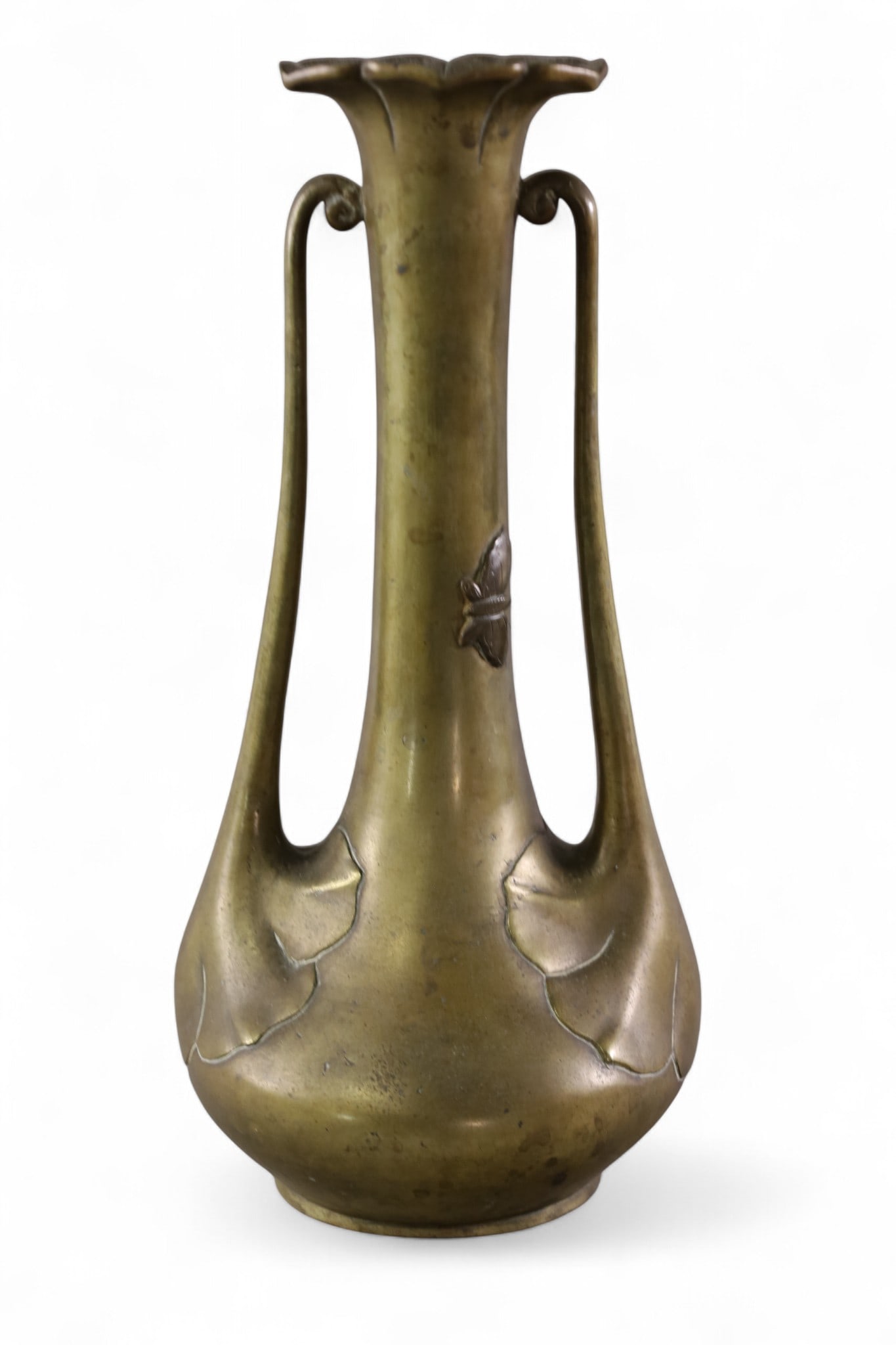 JAPANESE BRONZE VASE: BUTTEFLY DECORATED JAPANESE BRONZE VASE, 12" H.