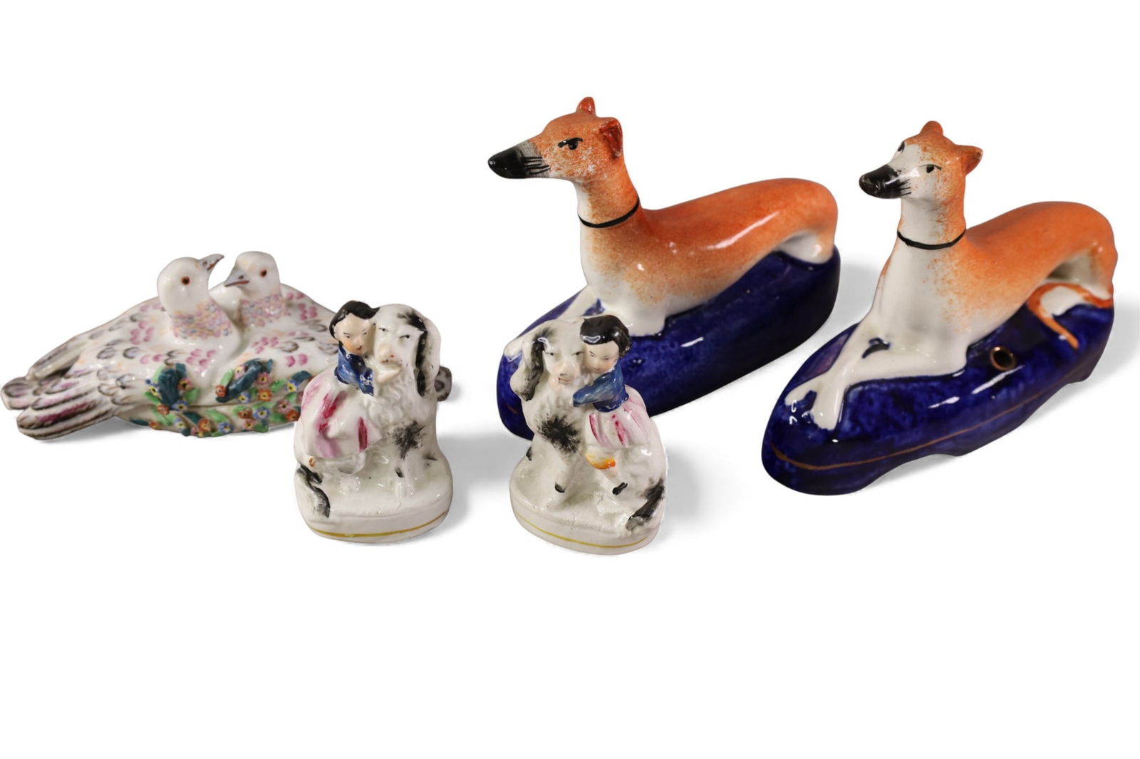 4 PIECES OF POTTERY INCLUDING STAFFORDSHIRE: ENGLISH STAFFORDSHIRE FIGURES, DOGS, AND MORE.