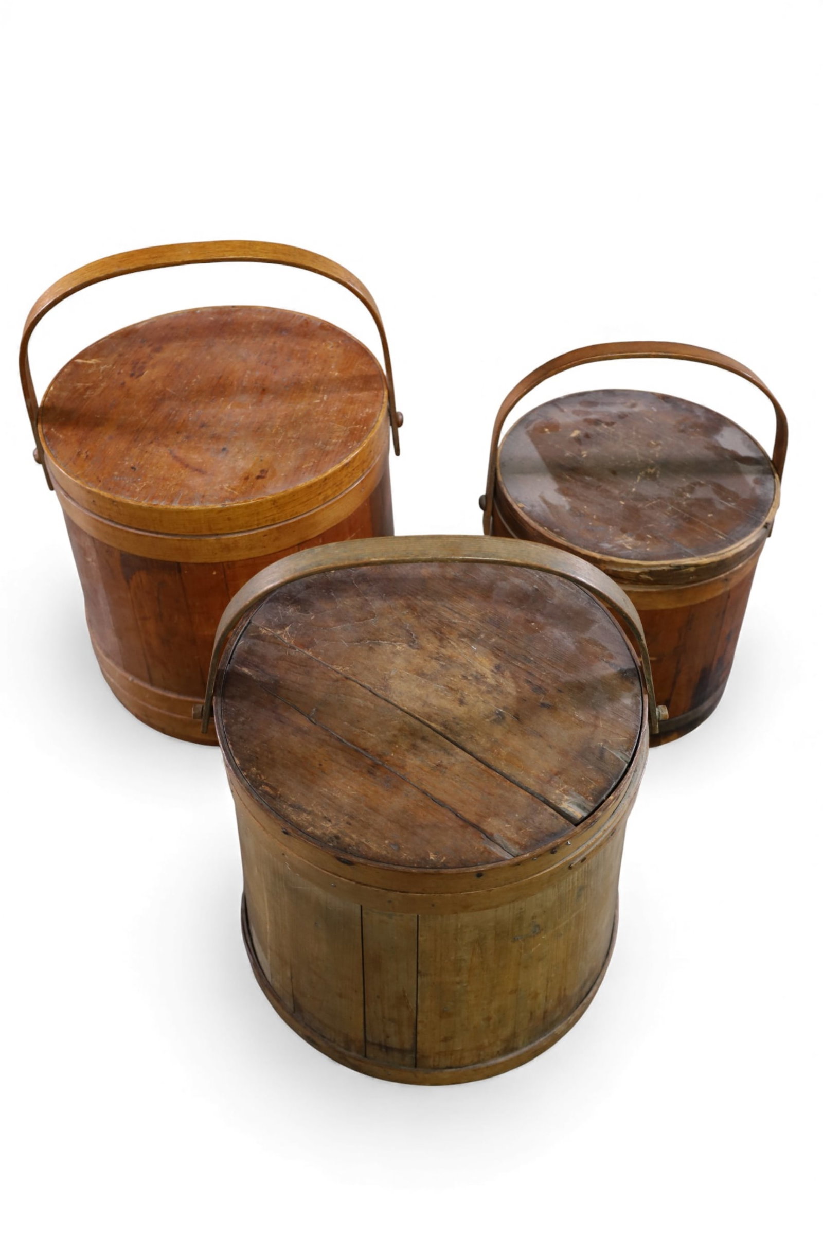 3 FIRKINS: 3 ANTIQUE FIRKINS, WITH HANDLES. 12" - 15"