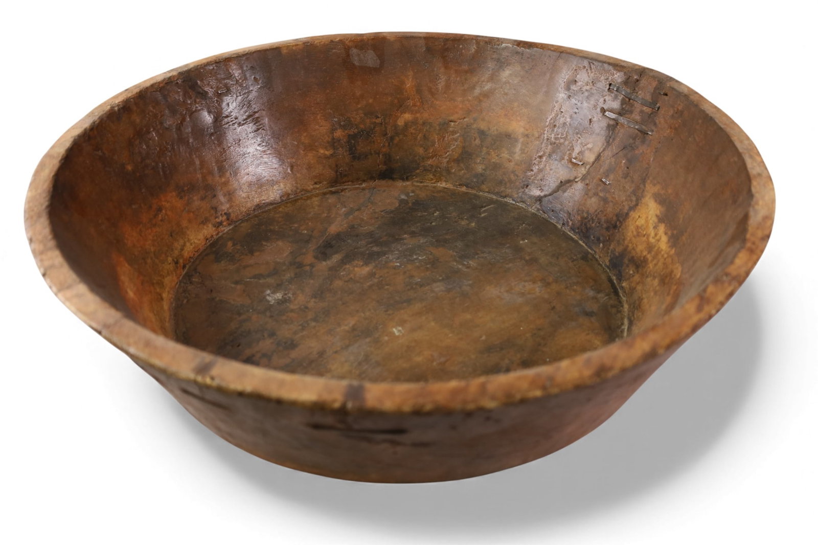 19TH CENTURY FRENCH BOWL: LARGE 19TH CENTURY FRENCH WOODEN BOWL. OLD REPAIR. 24" DIAM x 7" H. THIS ITEM EXCEEDS SIZE LIMITATIONS FOR IN HOUSE SHIPPING, MUST BE PICKED UP IN HOUSE OR SHIPPED VIA 3rd PARTY GROUND SHIPPER.