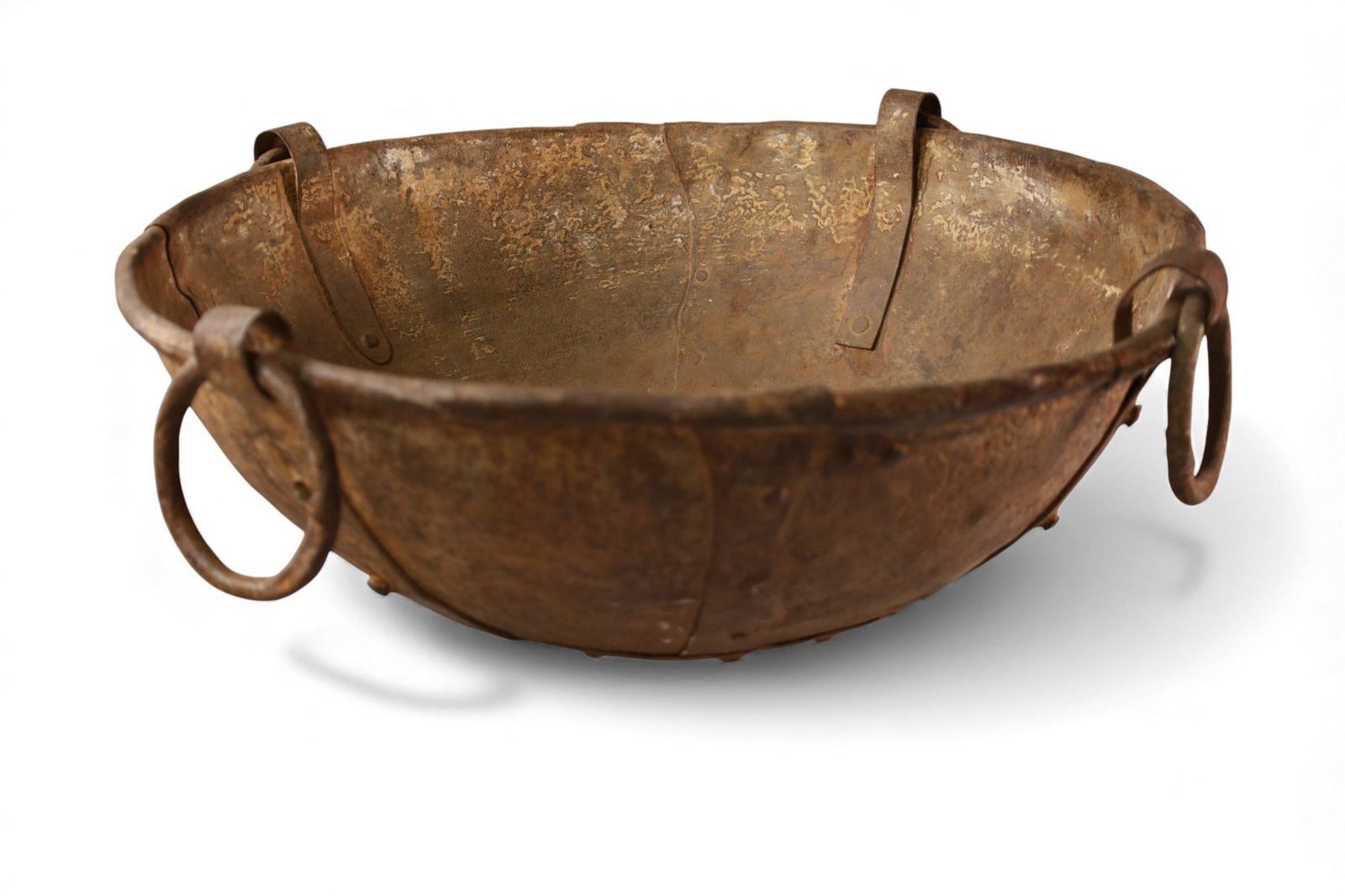 LARGE ANTIQUE METAL BOWL: IRON STRAPPED BOWL, FOUR RING HANDLE. 22" DIAM x 9" H.