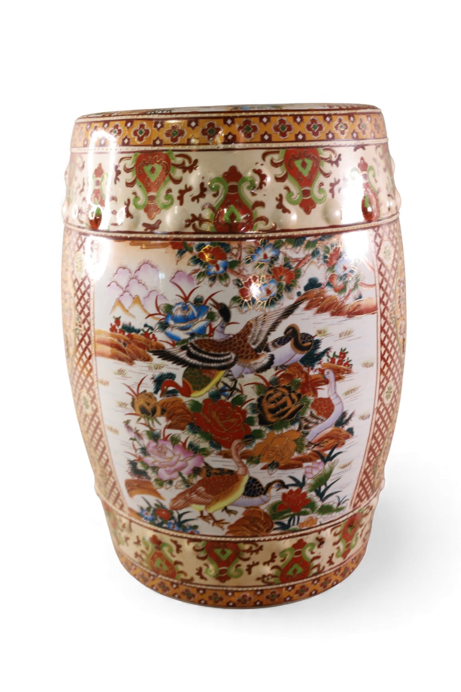 CHINESE PORCELAIN GARDEN SEAT: CHINESE PORCELAIN GARDEN SEAT. 12" DIAM x 18" H. THIS ITEM EXCEEDS SIZE LIMITATIONS FOR IN HOUSE SHIPPING, MUST BE PICKED UP IN HOUSE OR SHIPPED VIA 3rd PARTY GROUND SHIPPER.