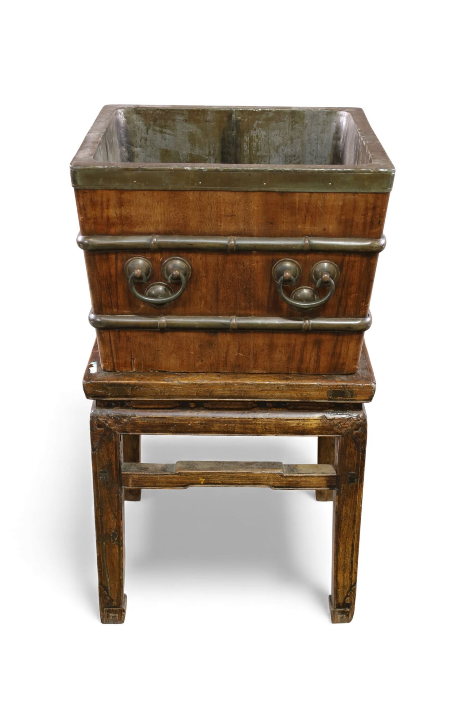 CHINESE PLANTER ON STAND: LARGE WOODEN CHINESE PLANTER ON STAND, WITH HANDLES. LINED INTERIOR. 19" x 19" x 34" H ON STAND. THIS ITEM EXCEEDS SIZE LIMITATIONS FOR IN HOUSE SHIPPING, MUST BE PICKED UP IN HOUSE OR SHIPPED VIA 3rd