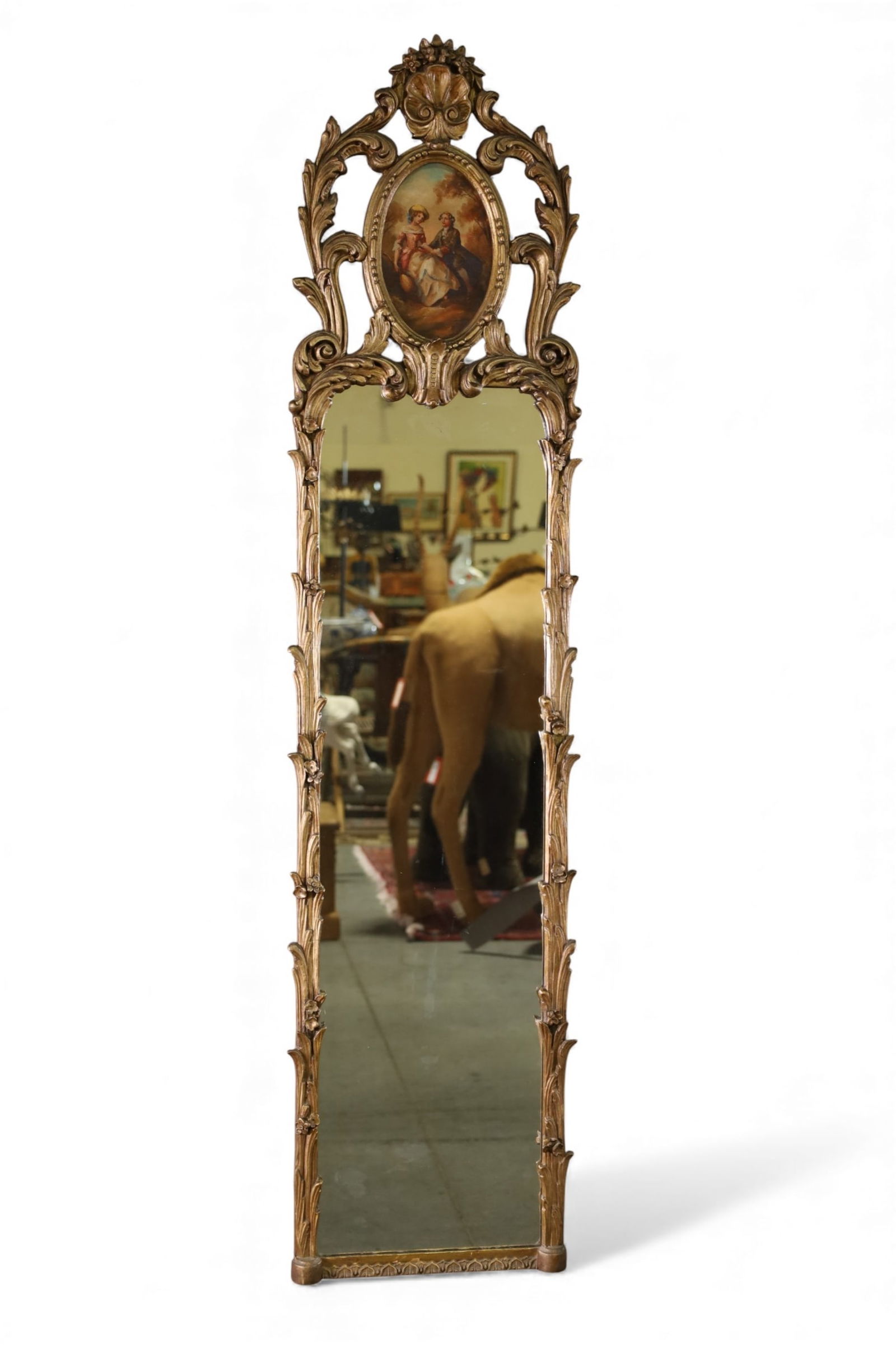 TRUMEAU MIRROR: FRENCH STYLE GILT WOOD AND GESSO TRUMEAU MIRROR, HAND PANEL UPPER. 14" x 60" THIS ITEM EXCEEDS SIZE LIMITATIONS FOR IN HOUSE SHIPPING, MUST BE PICKED UP IN HOUSE OR SHIPPED VIA 3rd PARTY GROUND SHIPPE