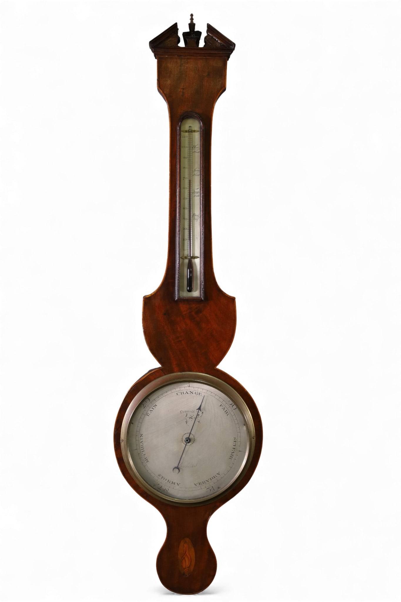 ANTIQUE BAROMETER: POZZI & CO BAROMETER, THERMOMETER, 39" H.