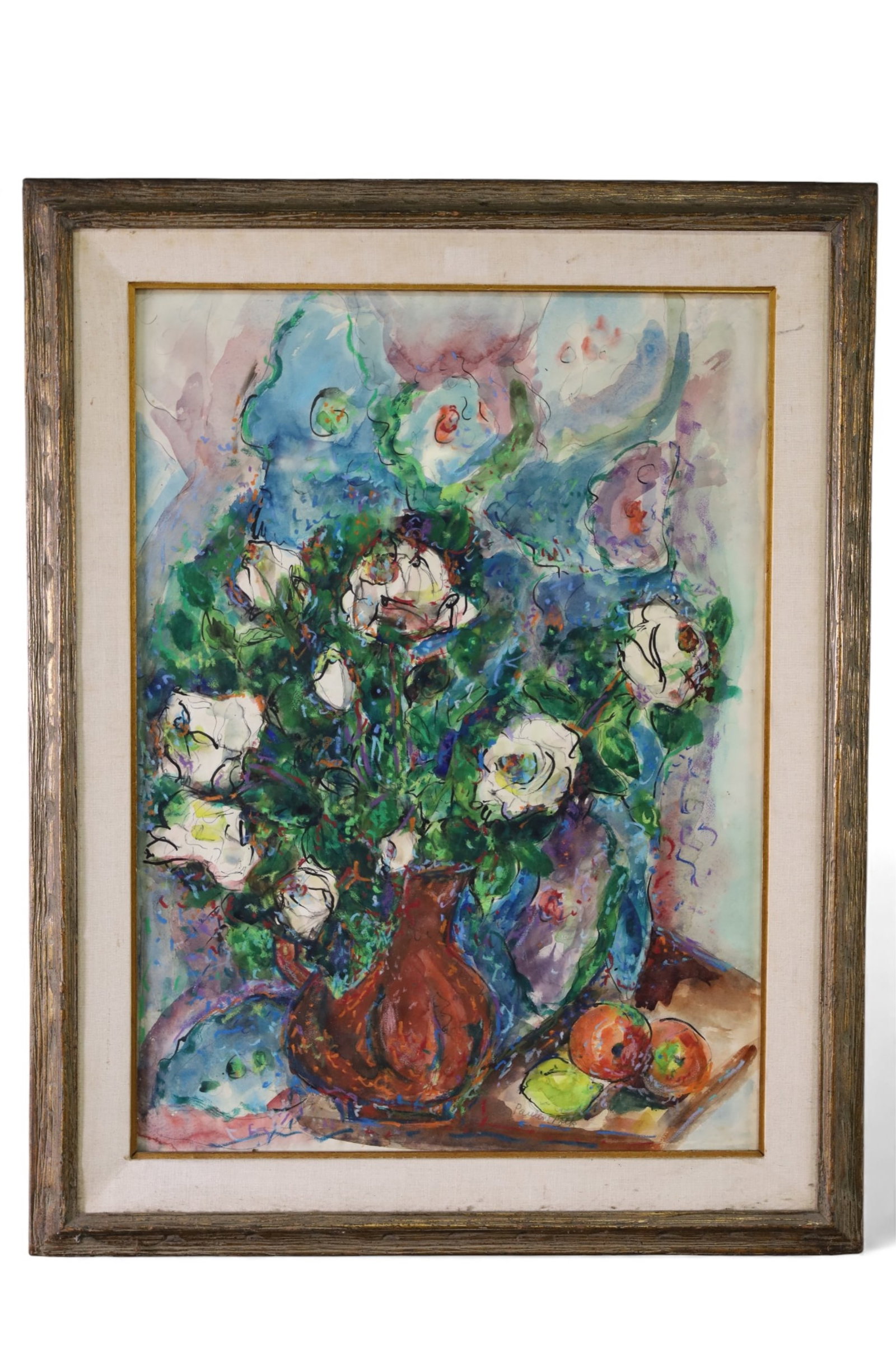 PAULINE POLK WATERCOLOR: SIGNED LOWER CENTER, WATER DAMAGE TO IMAGE. STAINS TO FRAME AND MAT. 29" x 37"