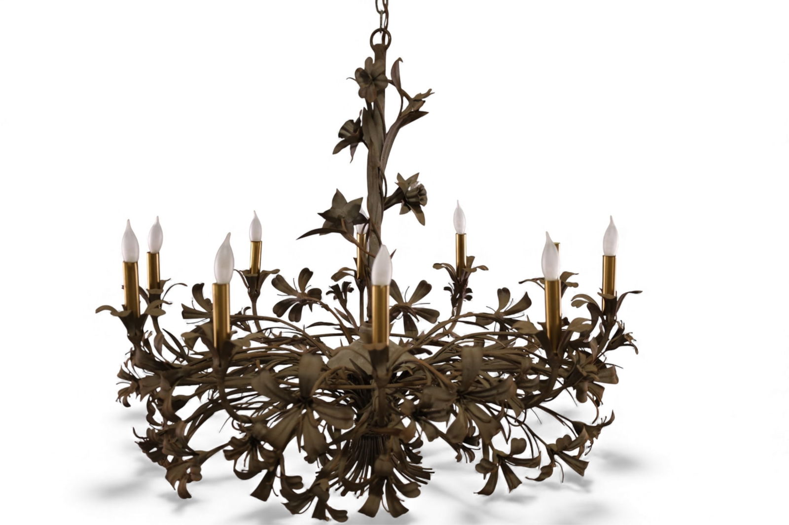 FLORAL CHANDELIER: LARGE 10 LIGHT FLORAL DECORATED METAL CHANDELIER, 35" DIAM x 32" H. THIS ITEM EXCEEDS SIZE LIMITATIONS FOR IN HOUSE SHIPPING, MUST BE PICKED UP IN HOUSE OR SHIPPED VIA 3rd PARTY GROUND SHIPPER.