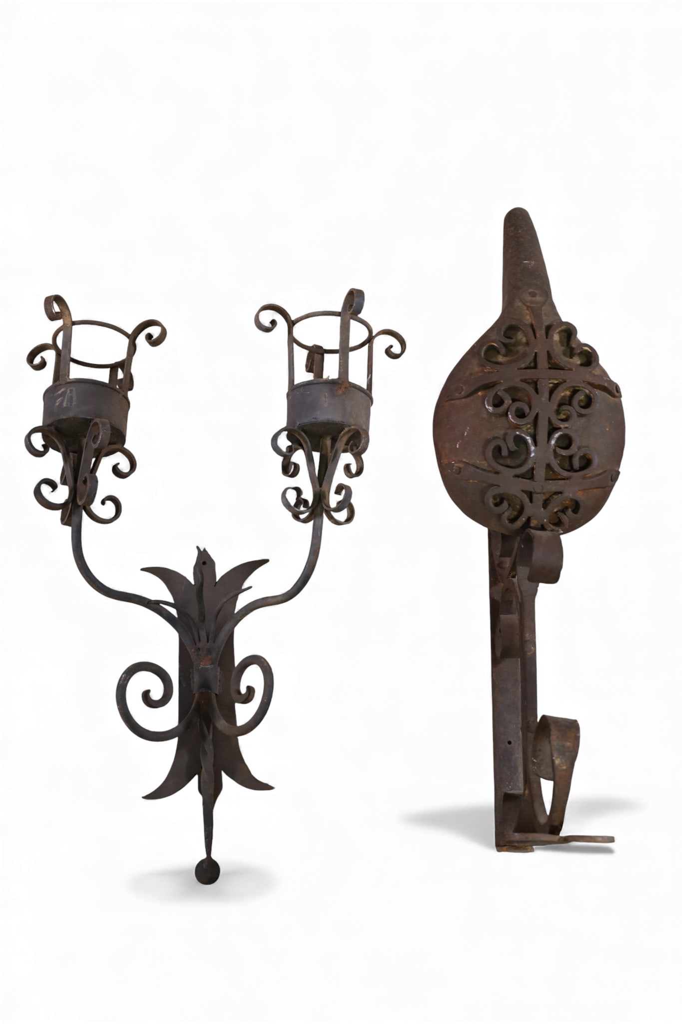 2 SPANISH SCONCES: 2 ARM SPANISH SCONCE, & SINGLE LIGHT SCONCE, 34" H & 29" H. THIS ITEM EXCEEDS SIZE LIMITATIONS FOR IN HOUSE SHIPPING, MUST BE PICKED UP IN HOUSE OR SHIPPED VIA 3rd PARTY GROUND SHIPPER.
