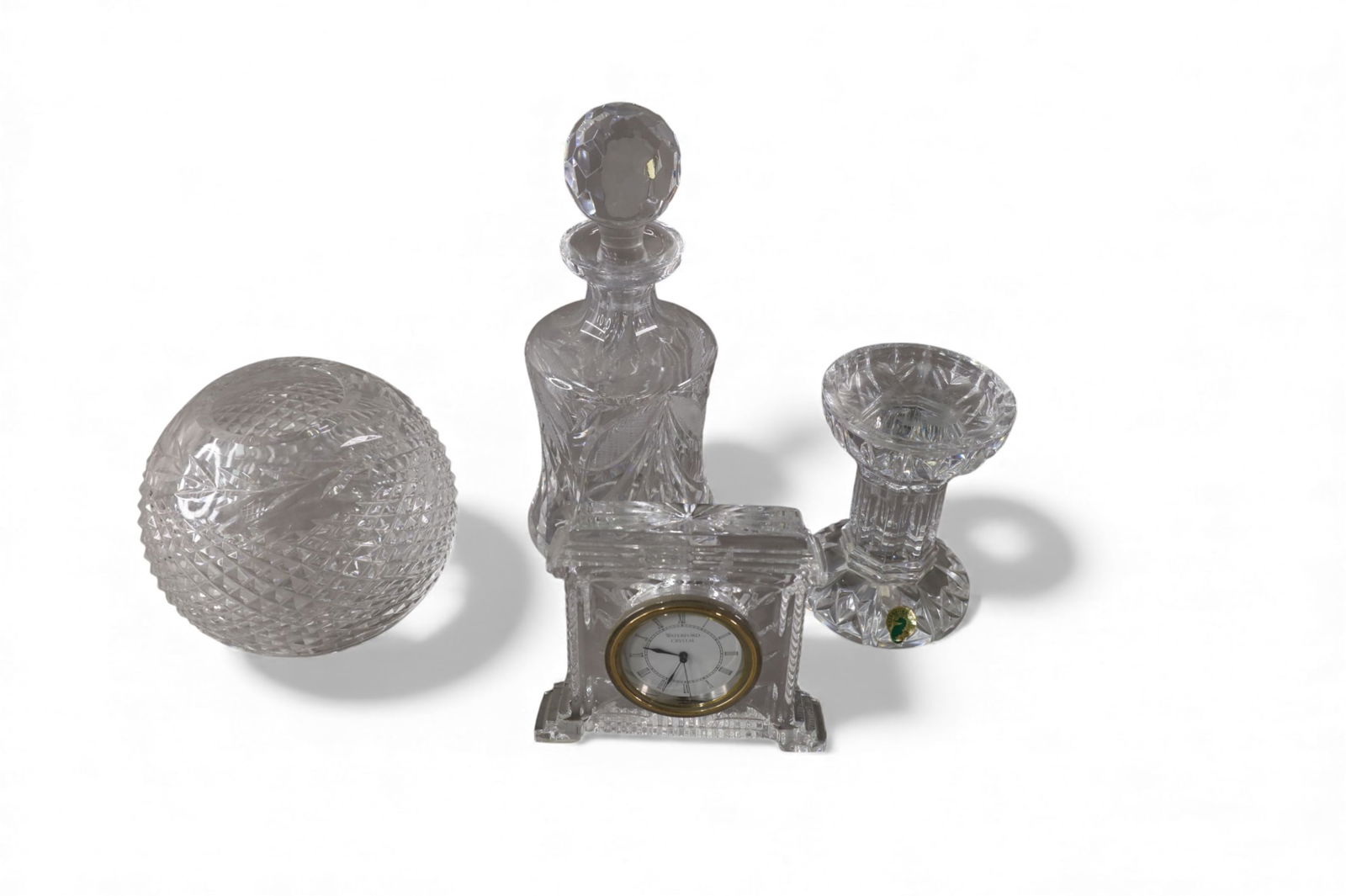 4 PIECES OF WATERFORD: ROSE BOWL, DECANTER, CLOCK, & SMALL PEDESTAL. 5 1/2" - 10" H.