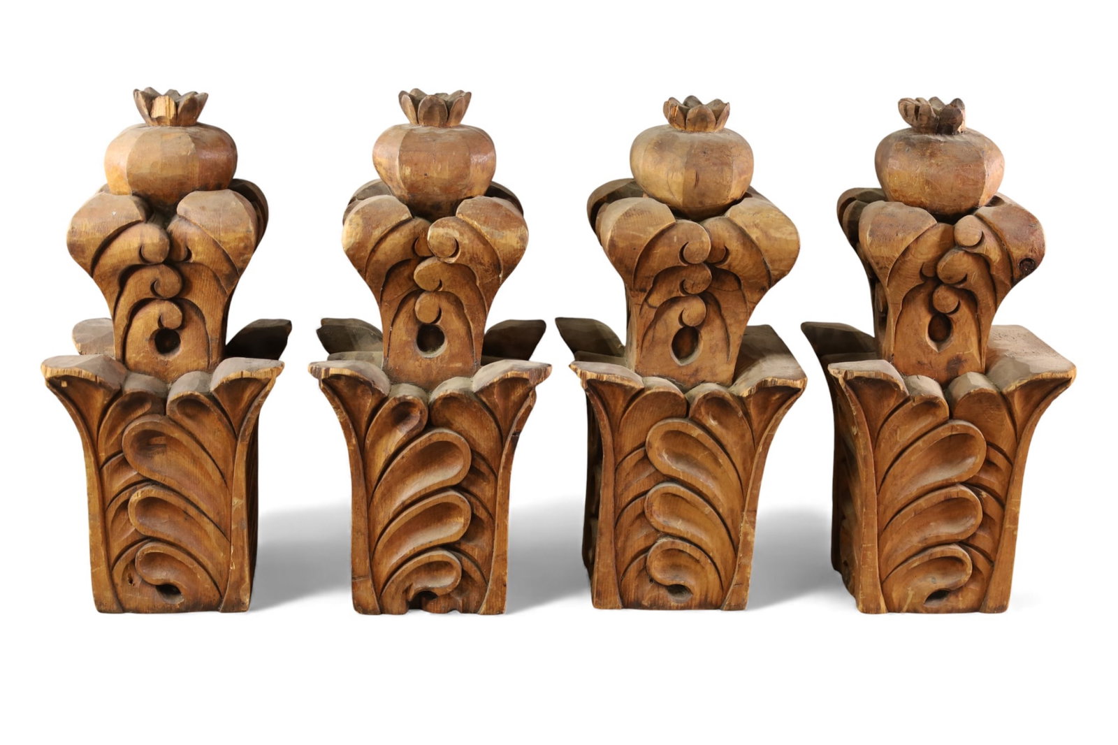 4 CARVED ARCHITECTURAL PIECES: HIGHLY CARVED WOOD ARCHITECTURAL PIECES. 17" H.