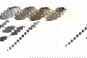 GROUPING OF STERLING SILVER: STERLING BULLDOG LETTER OPENERS, BUTTER PATS, & 3 LUGGAGE TAGS. APPROX 243 GRAMS.