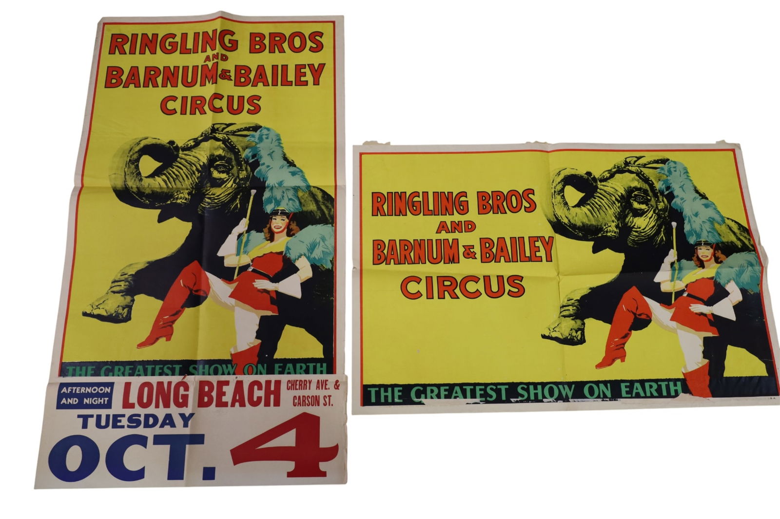 2 RINGING BROS & BARNUM & BAILEY CIRCUS POSTERS: CREASES, TEARS, LONG BEACH CIRCUS POSTER. 50" x 28" & 42" x 28"