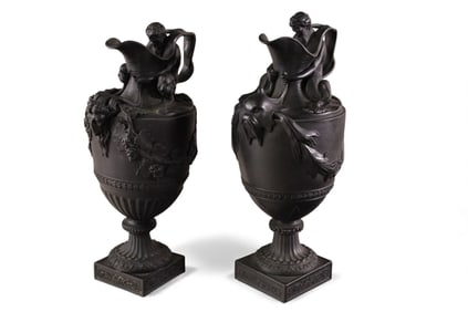 PAIR OF WEDGWOOD BASALT WINE EWERS