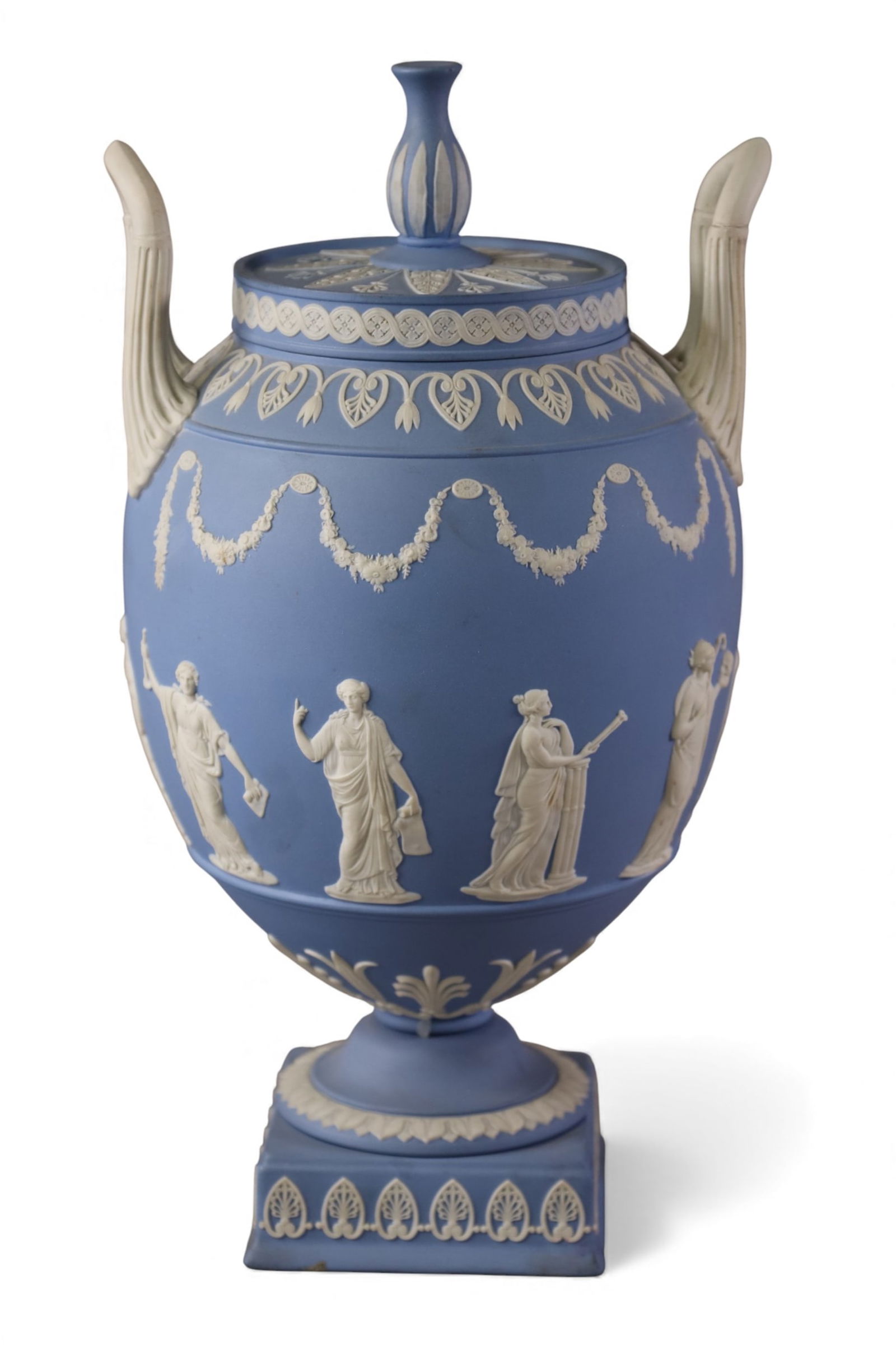 WEDGWOOD PALE BLUE URN: WEDGWOOD PALE BLUE DOUBLE HANDLE URN, 12" H.