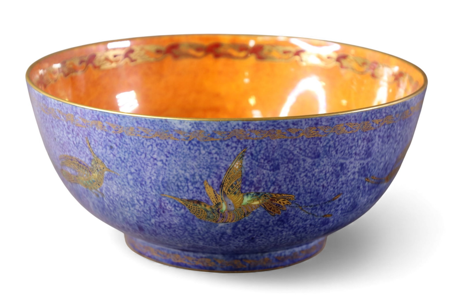 WEDGWOOD FAIRYLAND LUSTRE BOWL: WEDGWOOD FAIRYLAND LUSTRE FLYING HUMMINGBIRD. DESIGNED BY DAISY MAKEIG-JONES. 10 3/4" x 4 1/2"