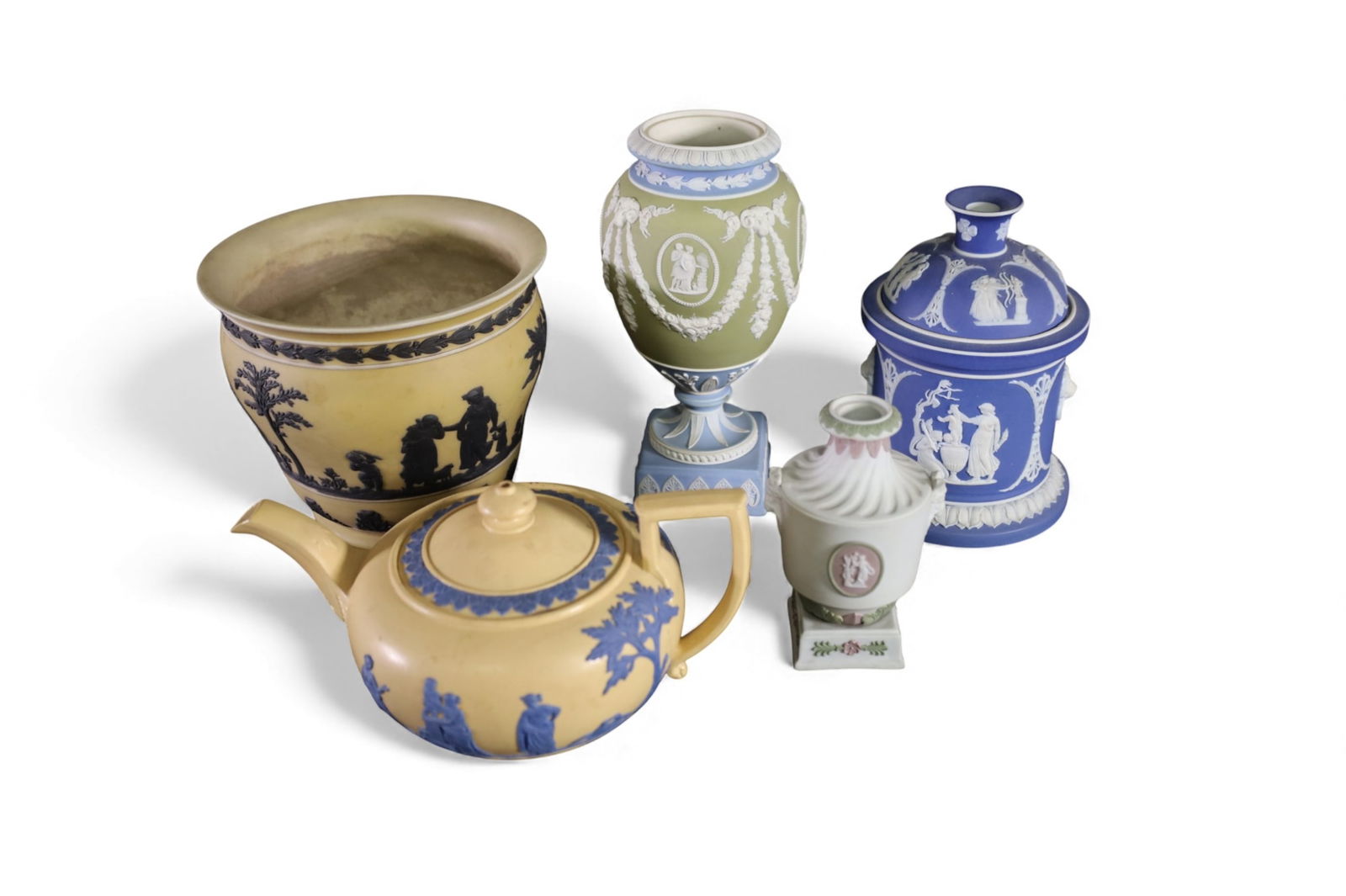 5 PCS OF WEDGWOOD: TRI COLOR URN, NO LID. TEA POTS, AND MORE. 4" - 7" H.