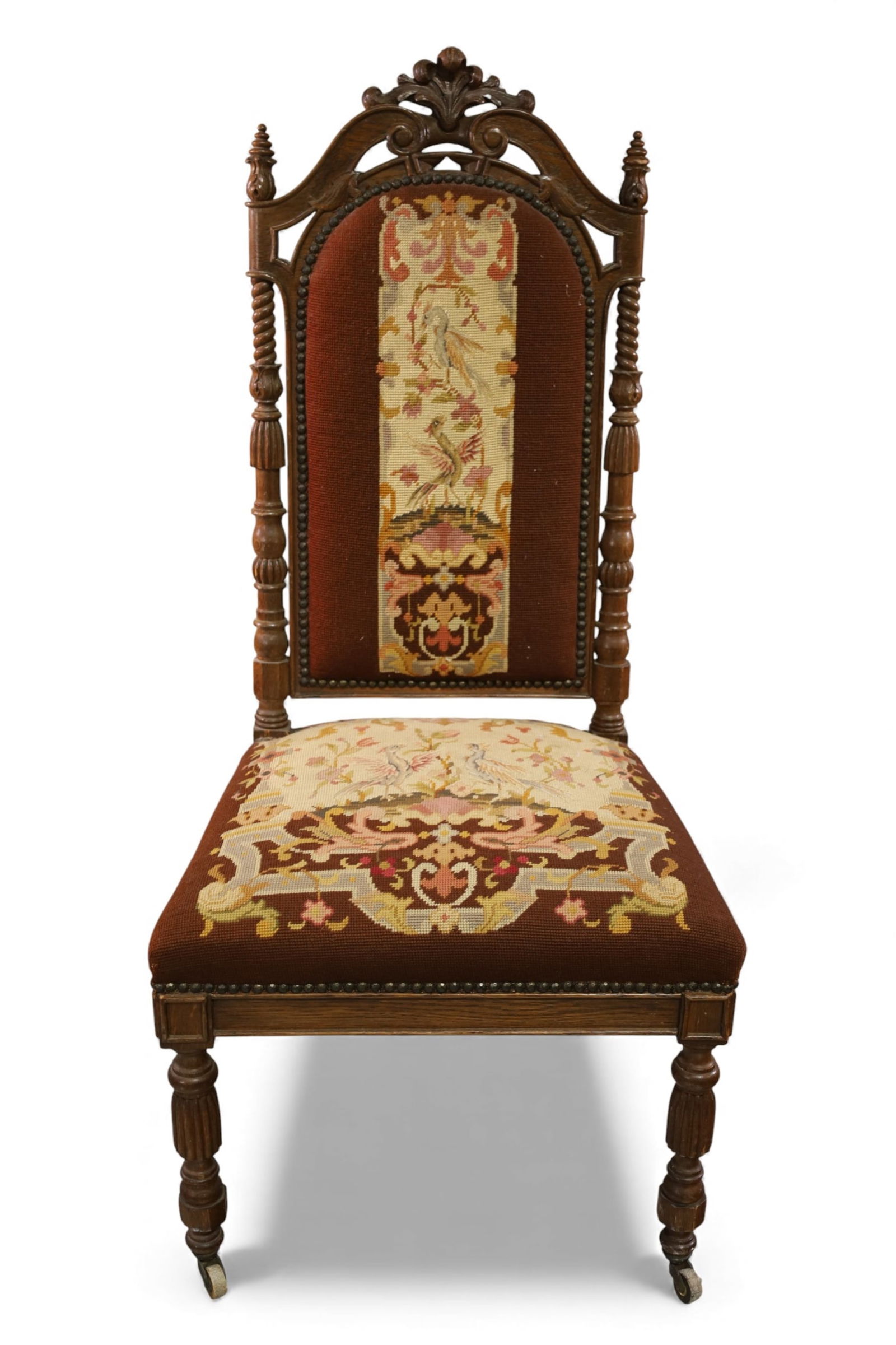 NEEDLEPOINT HALL CHAIR: OAK, NEEDLEPOINT COVERED HALL CHAIR, 22" W x 18" D x 46" H. THIS ITEM EXCEEDS SIZE LIMITATIONS FOR IN HOUSE SHIPPING, IT MUST BE PICKED UP IN HOUSE OR SHIPPED VIA 3rd PARTY GROUND SHIPPER.