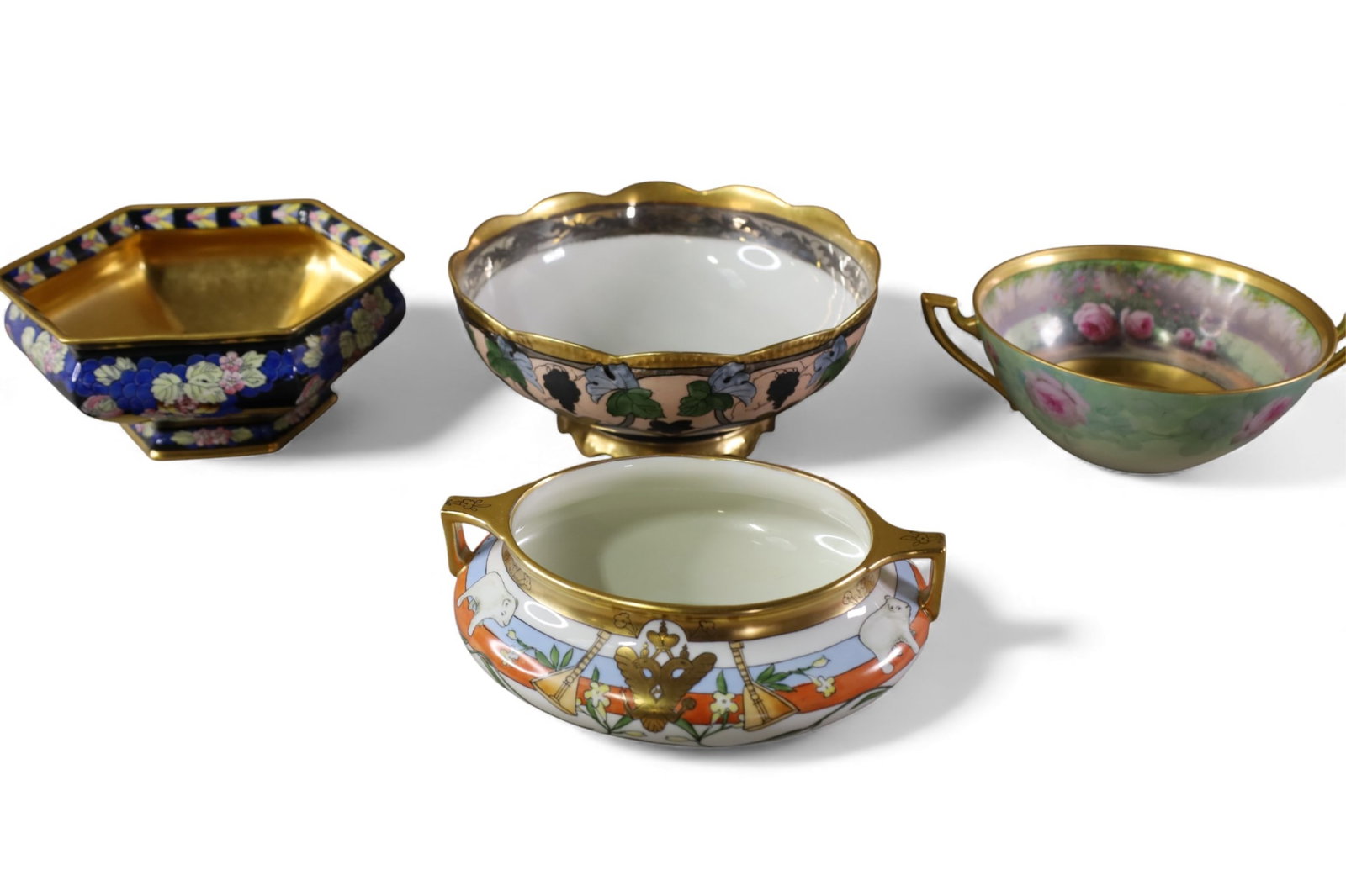 4 PICKARD BOWLS: 4 PIECES OF PICKARD PORCELAIN, TWO HANDLED BOWLS. AND LOW BOWLS. 7 1/2" - 9" DIAM