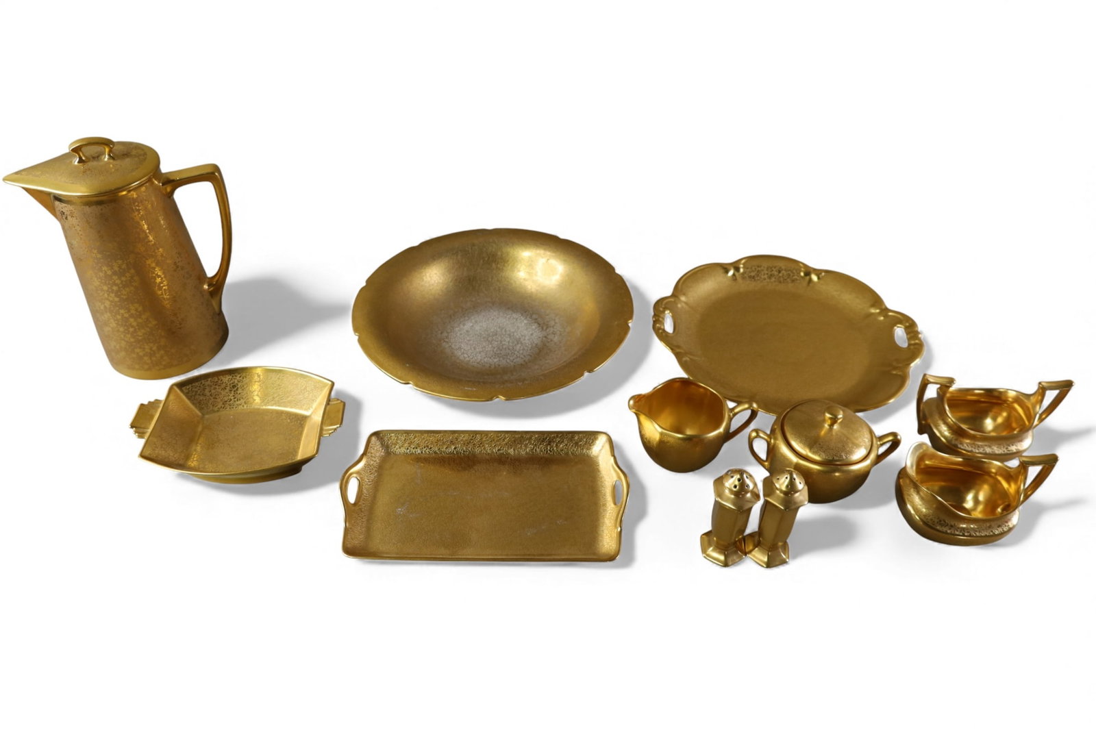 11 PIECES OF PICKARD: GOLD ROSE AND DAISY HAND PAINTED PICKARD PORCELAIN, SALT AND PEPPER, CREAMER AND SUGAR, AND MORE. 4 1/2" - 11" W/