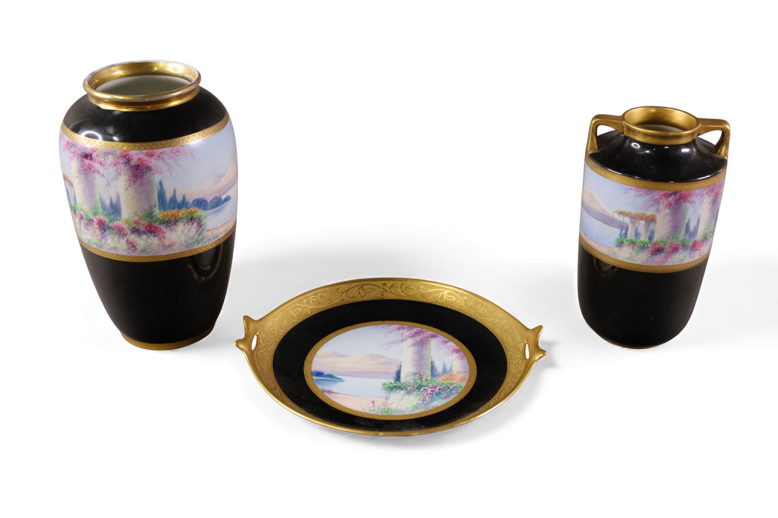 3 PIECES OF PICKARD: ITALIAN GARDEN AND EBONY HAND PAINTED PORCELAIN PICKARD. 3 1/2" - 8" W.