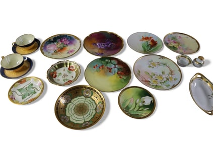 17 PIECES OF HAND PAINTED PORCELAIN