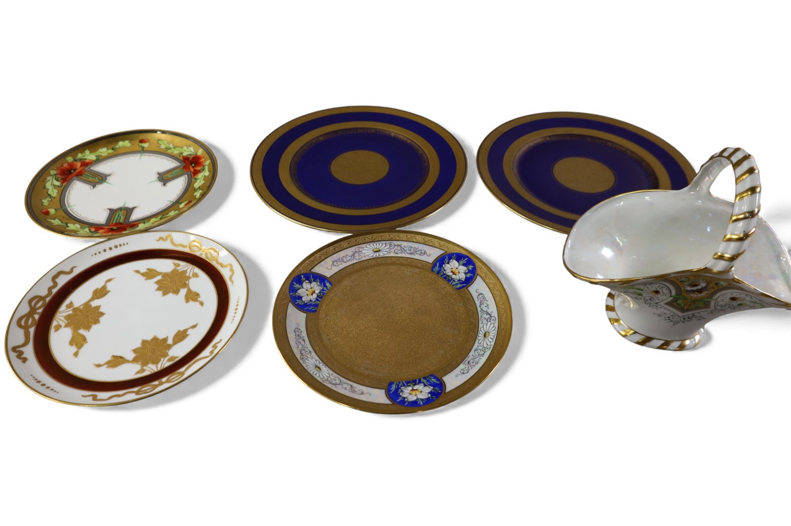 6 PIECES OF HAND PAINTED PORCELAIN: STOUFFER. 2 DINNER PLATES, 3 SALAD PLATES, & BASKET. 8 1/2" - 11"