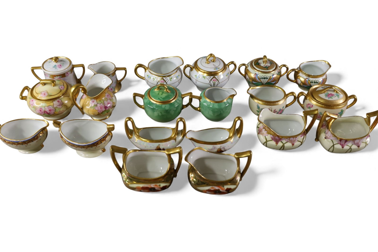 COLLECTION OF PICKARD & BRAUER CREAM AND SUGARS: LARGE COLLECTION OF HAND PAINTED PORCELAIN CREAM AND SUGAR SETS, INCLUDING PICKARD AND BRAUER,