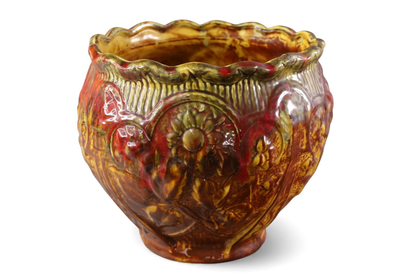 MAJOLICA JARDINIERE: LARGE MAJOLICA PLANTER, 12" W x 11" H