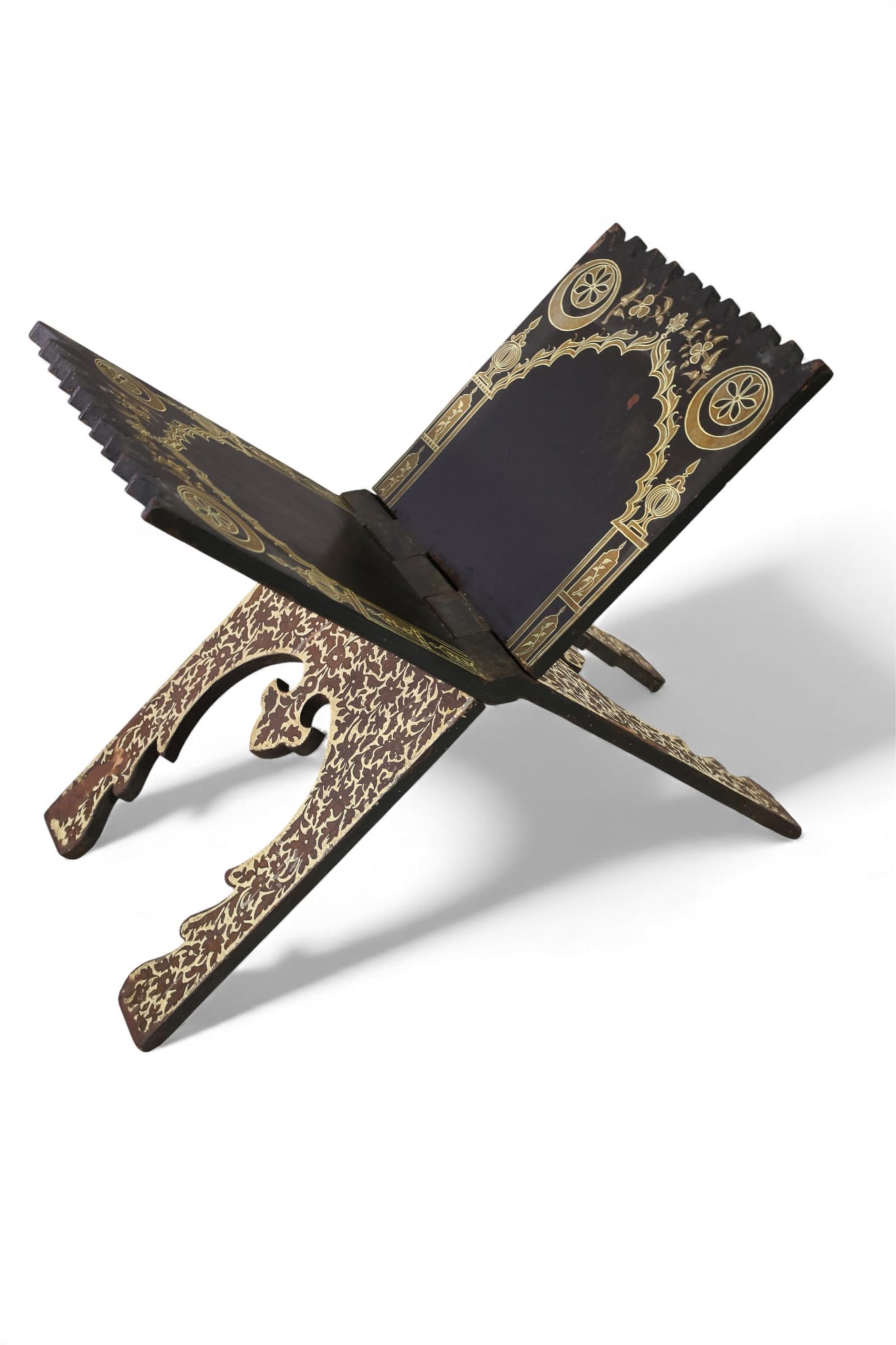 QURAN BOOKSTAND: ISLAMIC QURAN BBOOK STAND, SOME PAINT LOSS. 14" W x 23" H. THIS ITEM EXCEEDS SIZE LIMITATIONS FOR IN HOUSE SHIPPING, IT MUST BE PICKED UP IN HOUSE OR SHIPPED VIA 3rd PARTY GROUND SHIPPER.