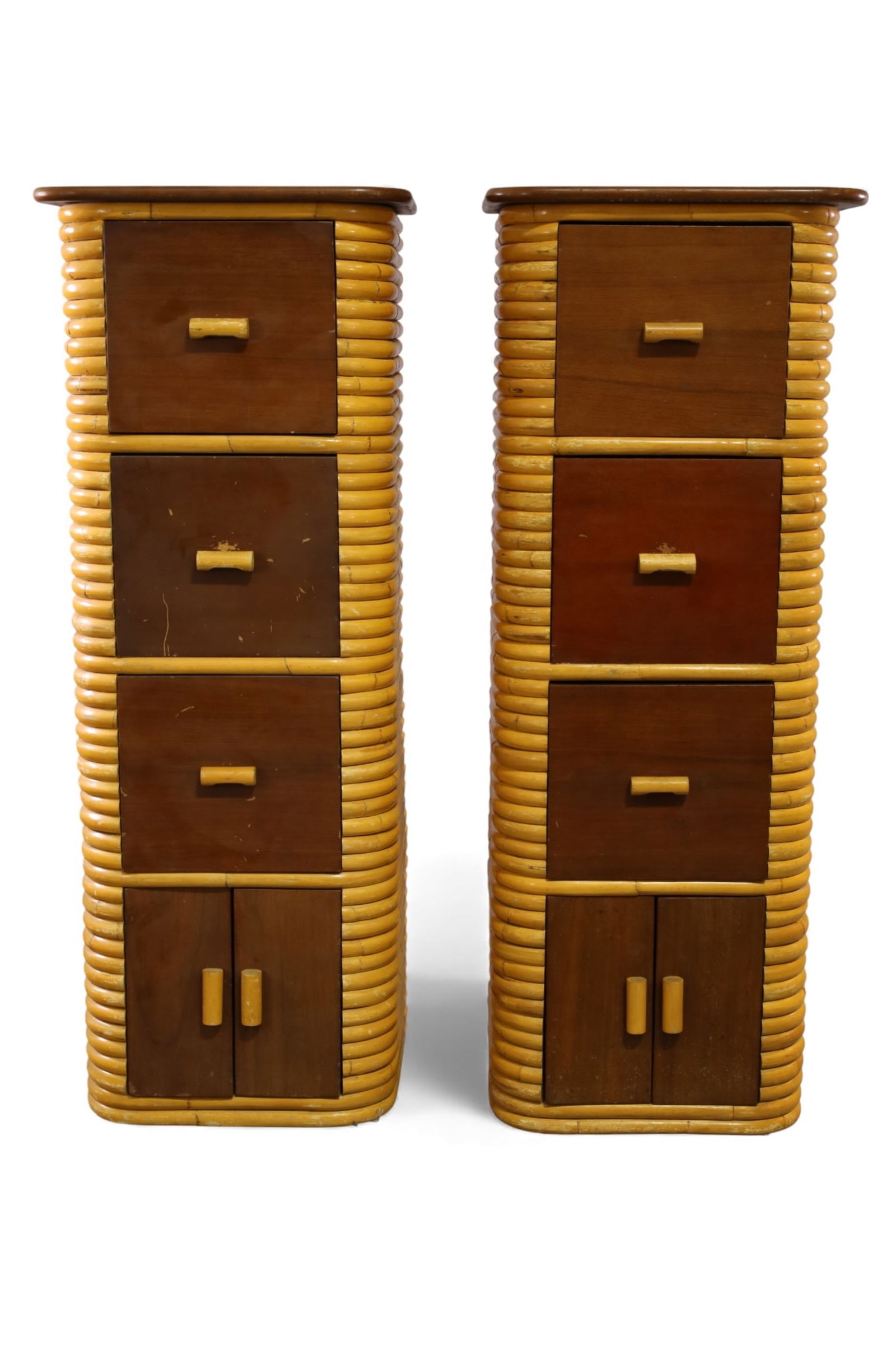 PAIR OF STACKED BAMBOO HIGHBOYS: PAIR OF VINTAGE STACKED RATTAN NARROW HIGHBOYS, ART DECO, LOWER DRAWERS. WEAR TO FINISH TO TOPS. 20" W x 16" D x 52" H THIS ITEM EXCEEDS SIZE LIMITATIONS FOR IN HOUSE SHIPPING, IT MUST BE PICKED UP IN