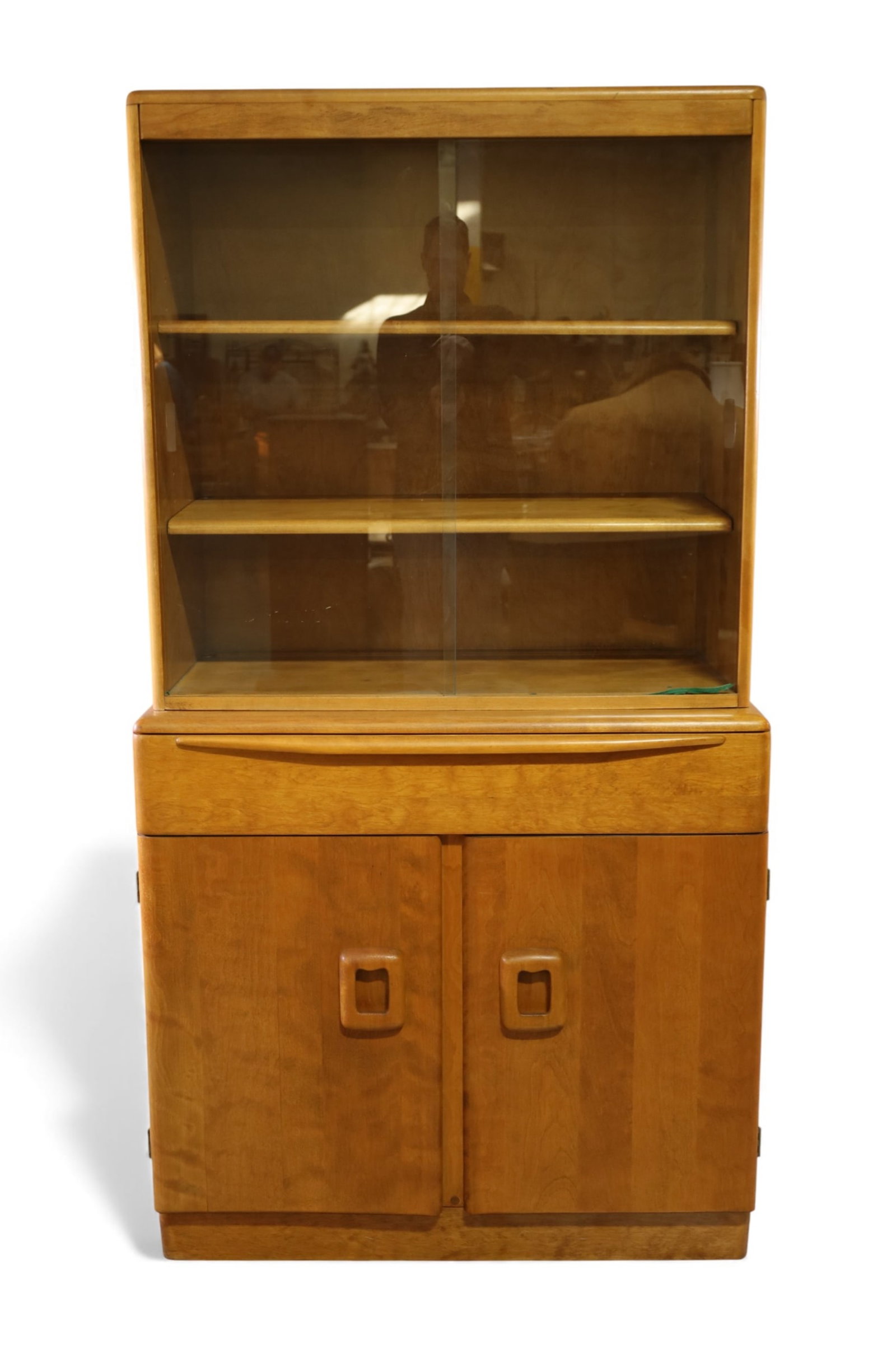 HEYWOOD WAKEFIELD HUTCH: TWO DOOR SLIDING TOP, LOWER TWO DOORS. CHINA CABINET. 34" W x 17" D x 65" H. THIS ITEM EXCEEDS SIZE LIMITATIONS FOR IN HOUSE SHIPPING, IT MUST BE PICKED UP IN HOUSE OR SHIPPED VIA 3rd PARTY GROUND SHI
