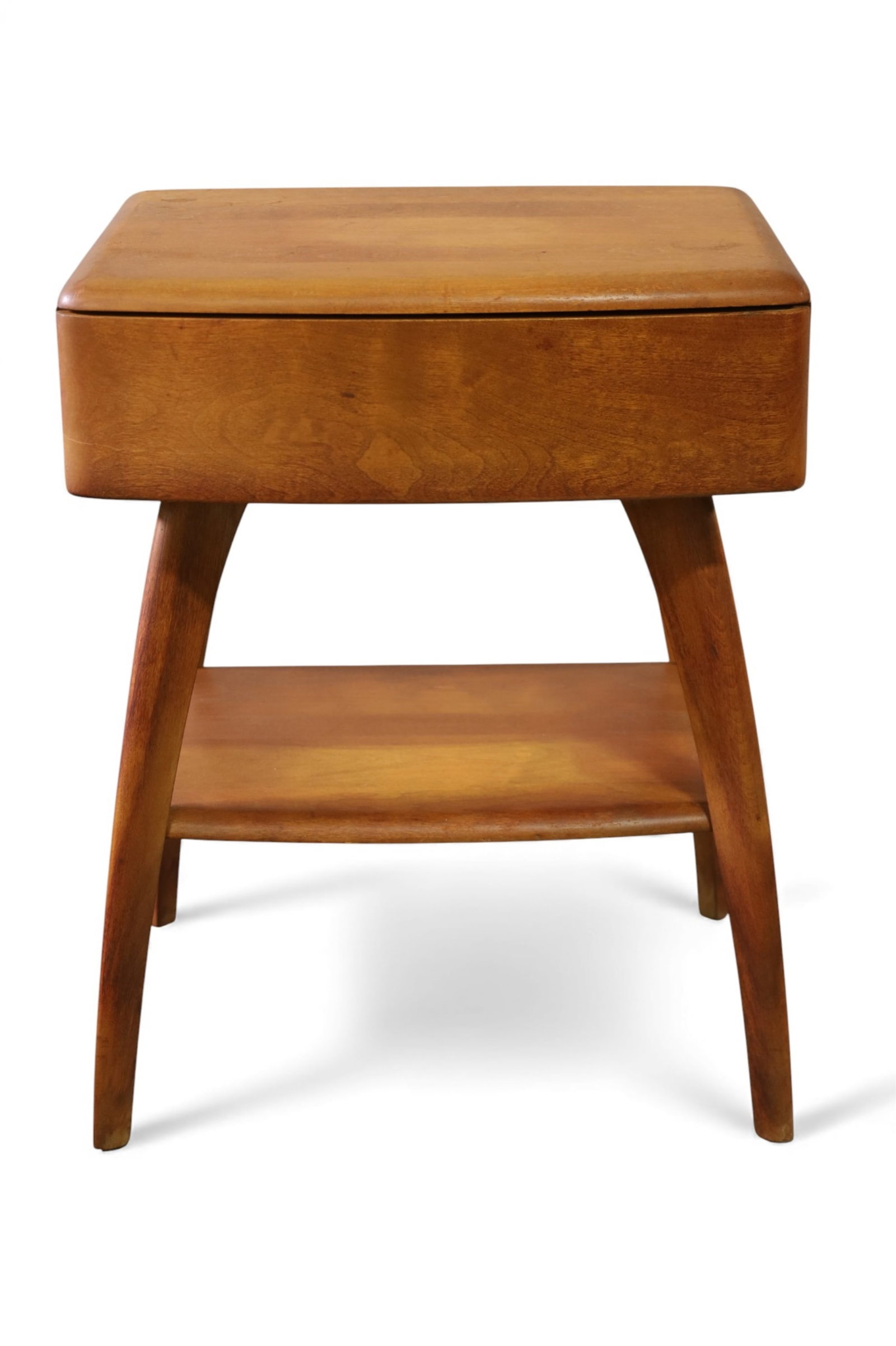 HEYWOOD WAKEFIELD NIGHTSTAND: SINGLE DRAWER NIGHTSTAND, LOWER TIER. WEAR TO FINISH. 20" W x 18" D x 25" H. THIS ITEM EXCEEDS SIZE LIMITATIONS FOR IN HOUSE SHIPPING, IT MUST BE PICKED UP IN HOUSE OR SHIPPED VIA 3rd PARTY GROUND SHI