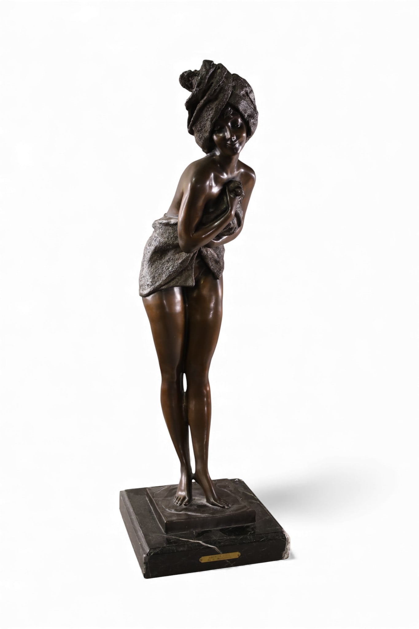 SHOWER GIRL BRONZE: SIGNED, C. MONTGOMERY, 1991. 9/50. SHOWER GIRL BRONZE SCULPTURE, ON MARBLE BASE, 28" H.
