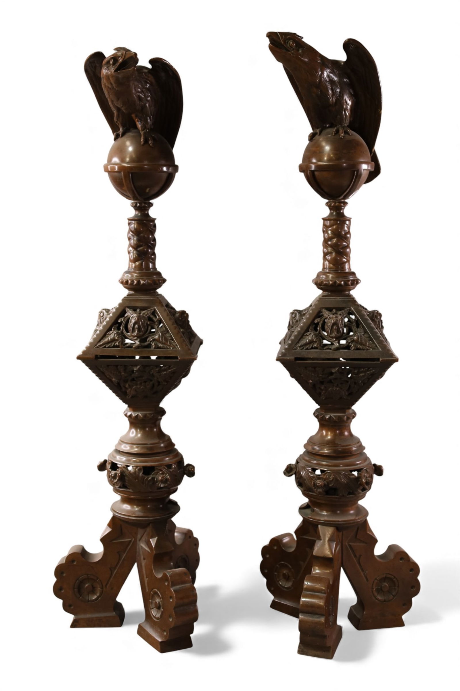 PAIR OF LARGE ANTIQUE GARNITURES: PAIR OF LARGE EAGLE DECORATED GARNITURES, 31" H. THIS ITEM EXCEEDS SIZE LIMITATIONS FOR IN HOUSE SHIPPING, IT MUST BE PICKED UP IN HOUSE OR SHIPPED VIA 3rd PARTY GROUND SHIPPER.