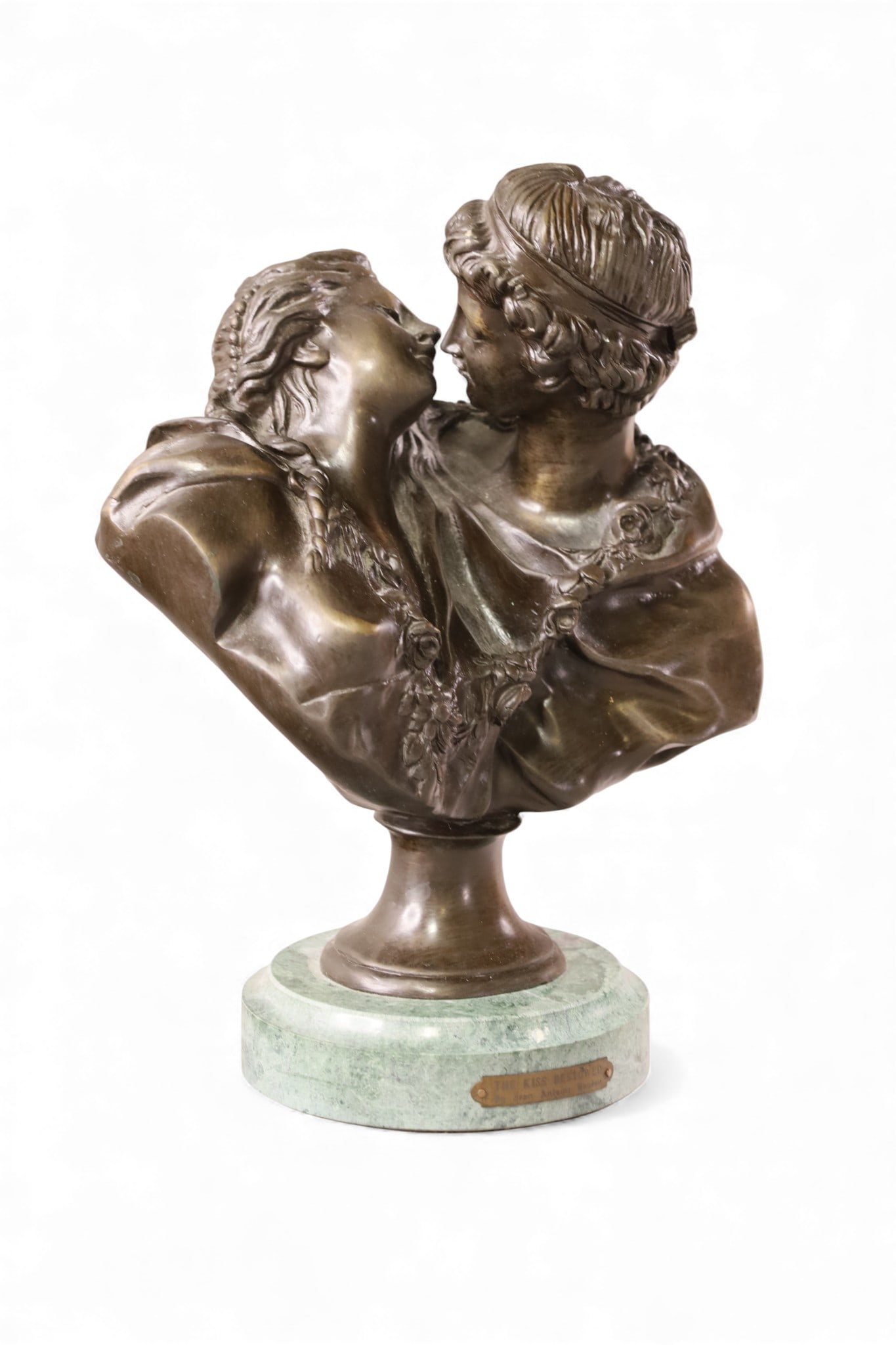 BRONZE STATUE: GENE ANTOINE HOUDON BRONZE STATUE, TITLED THE KISS BESTOWED. ON MARBLE BASE. 11 1/2" H