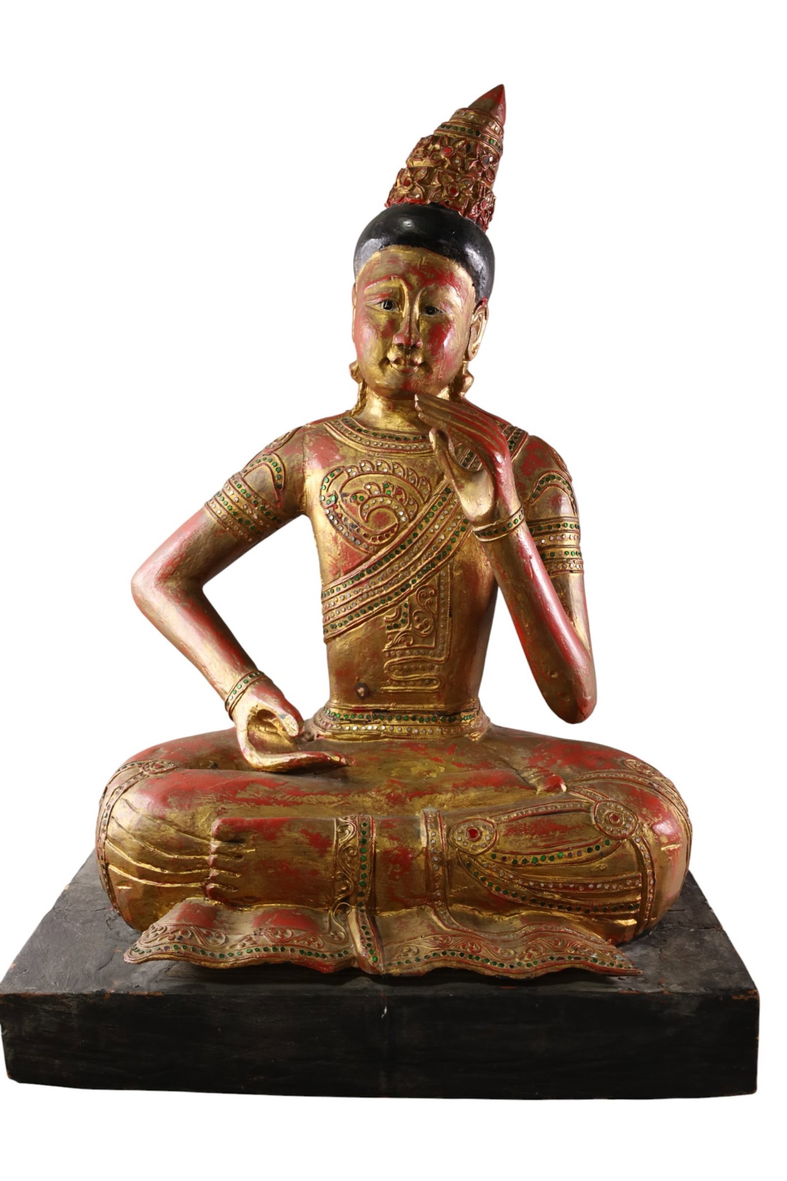 CARVED WOOD BUDDHA FIGURE: LARGE CARVED WOOD AND JEWELED DECORATION BUDDHA FIGURE, ON WOODEN BASE. SOME PAINT LOSS AND MISSING JEWELS. 24" W x 35" H. THIS ITEM EXCEEDS SIZE LIMITATIONS FOR IN HOUSE SHIPPING, IT MUST BE PICKED U