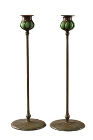 PAIR OF TIFFANY STYLE BRONZE CANDLESTICKS