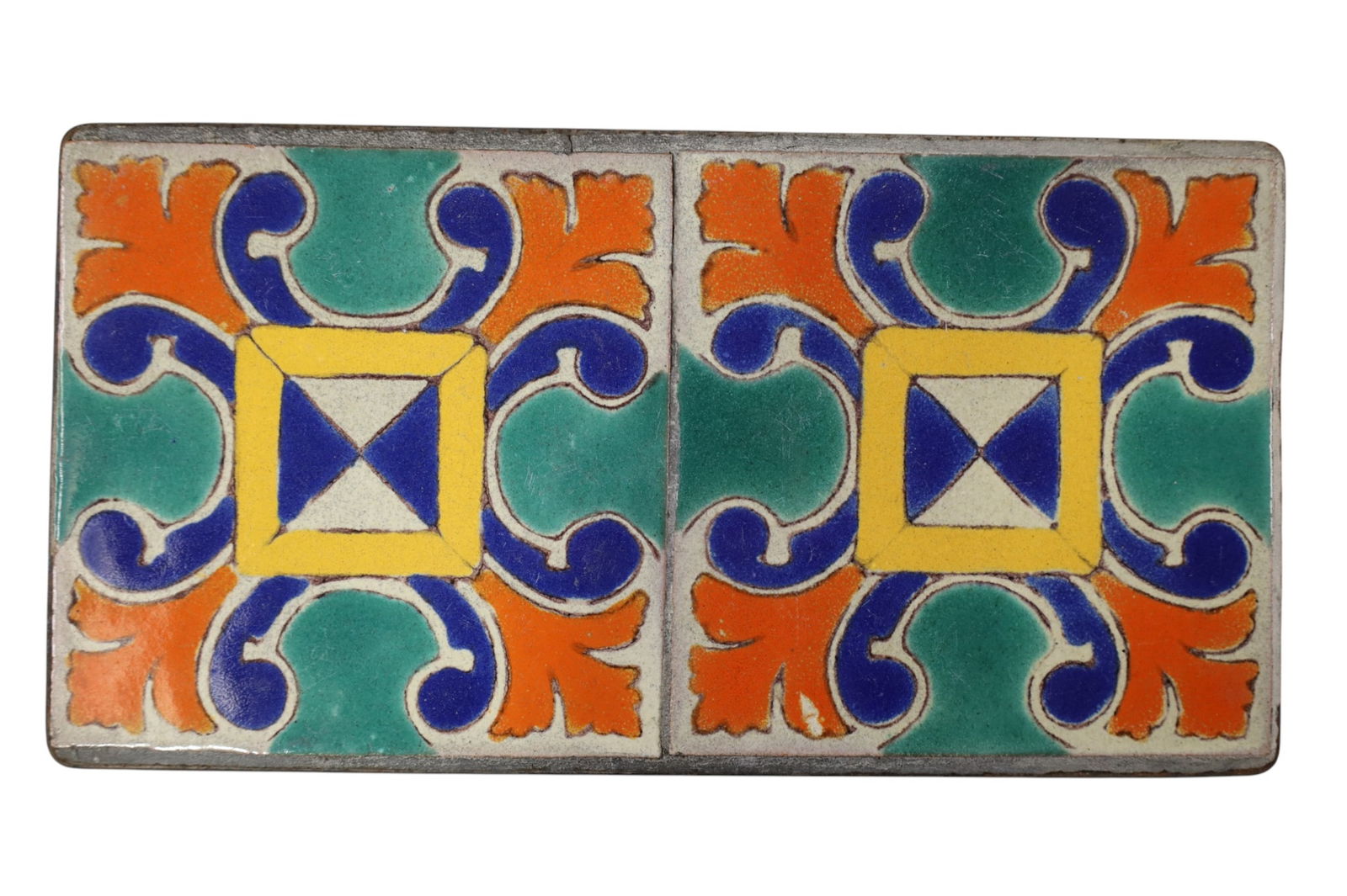HISPANO MORESQUE TILE PLAQUE: IRON FRAMED, TWO 8" TILES. 16 3/4" x 8 1/4"
