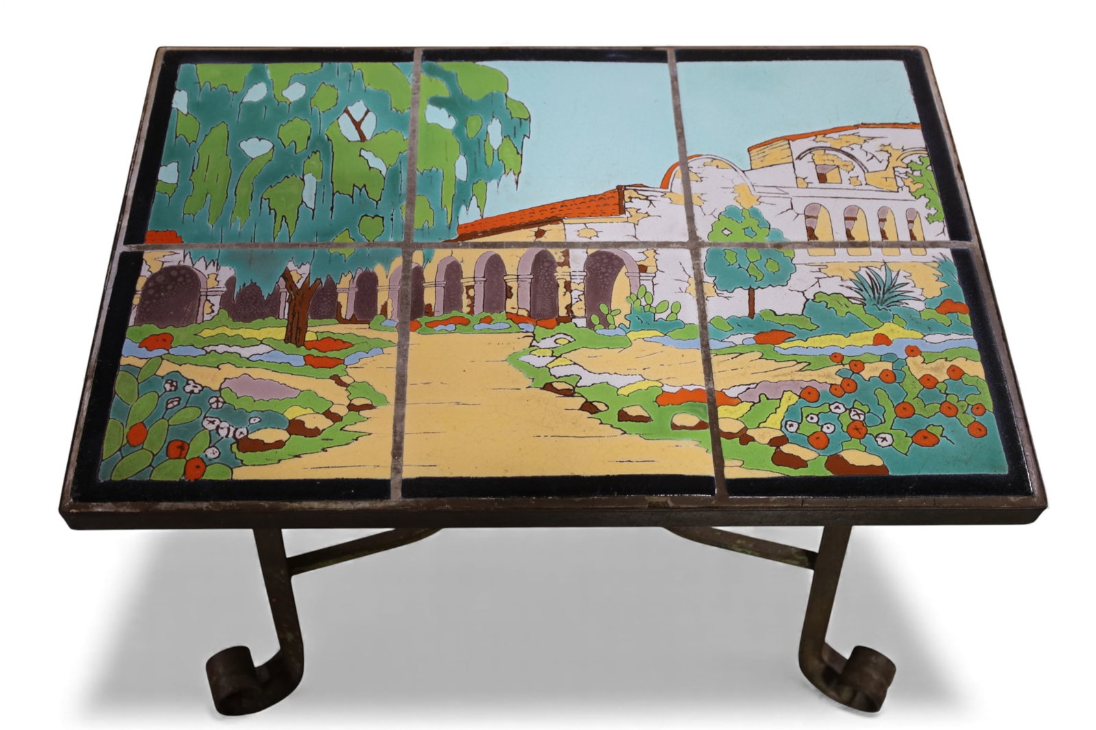 TAYLOR SAN JUAN CAPISTRANO TILE TOP TABLE: 6 8" x 8" TAYLOR SAN JUAN CAPISTRANO TILES, ON DECORATIVE IRON BASE. 25" W x 17" D x 19" H. THIS ITEM EXCEEDS SIZE LIMITATIONS FOR IN HOUSE SHIPPING, IT MUST BE PICKED UP IN HOUSE OR SHIPPED VIA 3rd P